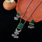 Green Monalisa Teardrop Pendant Set with Pearls | Oxidised German Silver