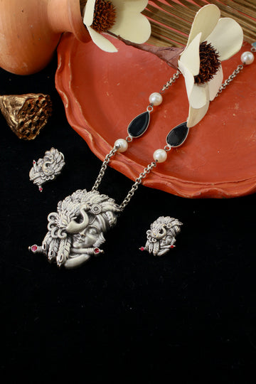 Krishna–Peacock Relief Pendant Set with Beaded Chain | Oxidised German Silver