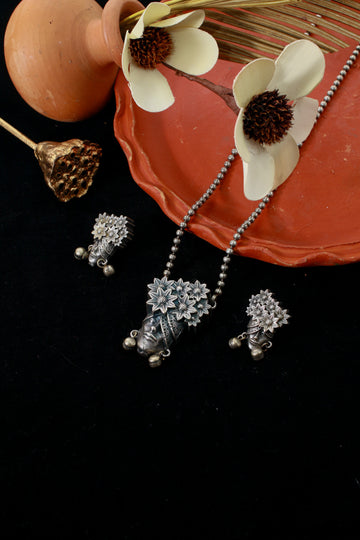 Boho Face Motif Pendant Set with Florals | Oxidised German Silver