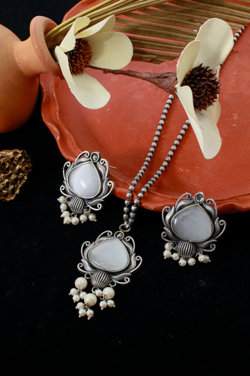 White Monalisa Lotus Pendant Set with Pearl Drops | Oxidised German Silver