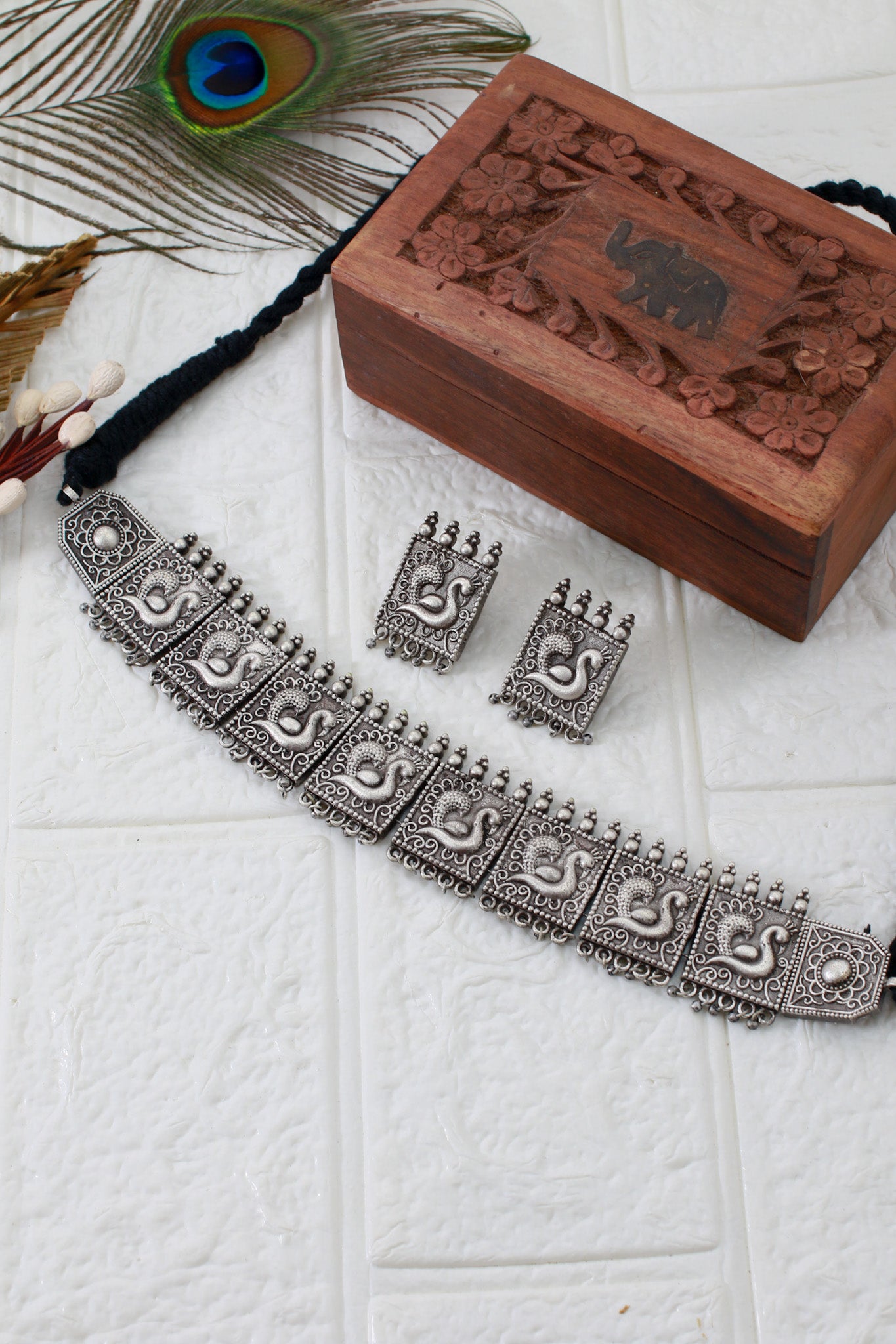 Temple Swan Panel Choker Necklace with Earrings | Oxidised German Silver