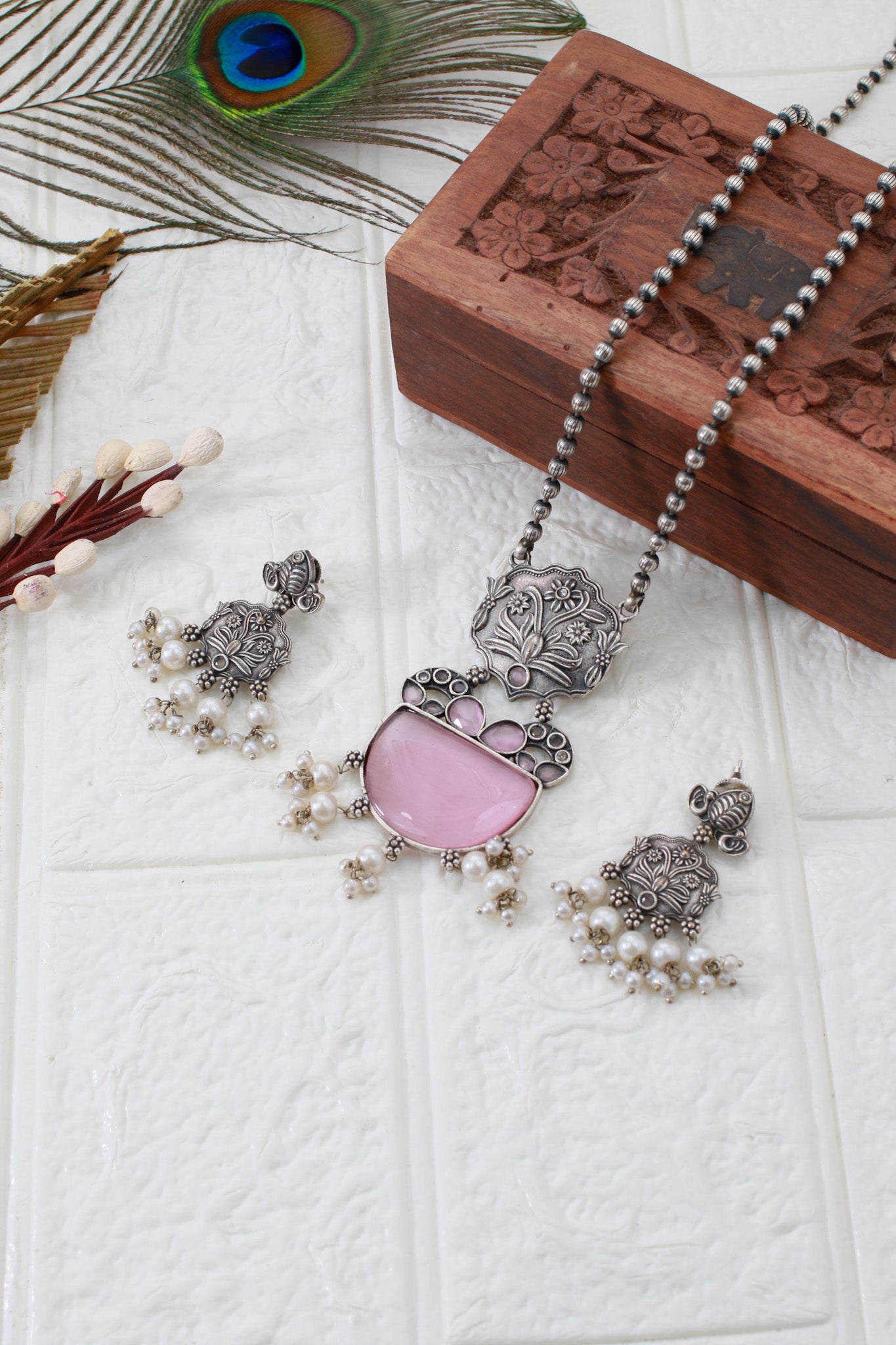 Pink Monalisa Floral Panel Pendant Set with Pearls | Oxidised German Silver