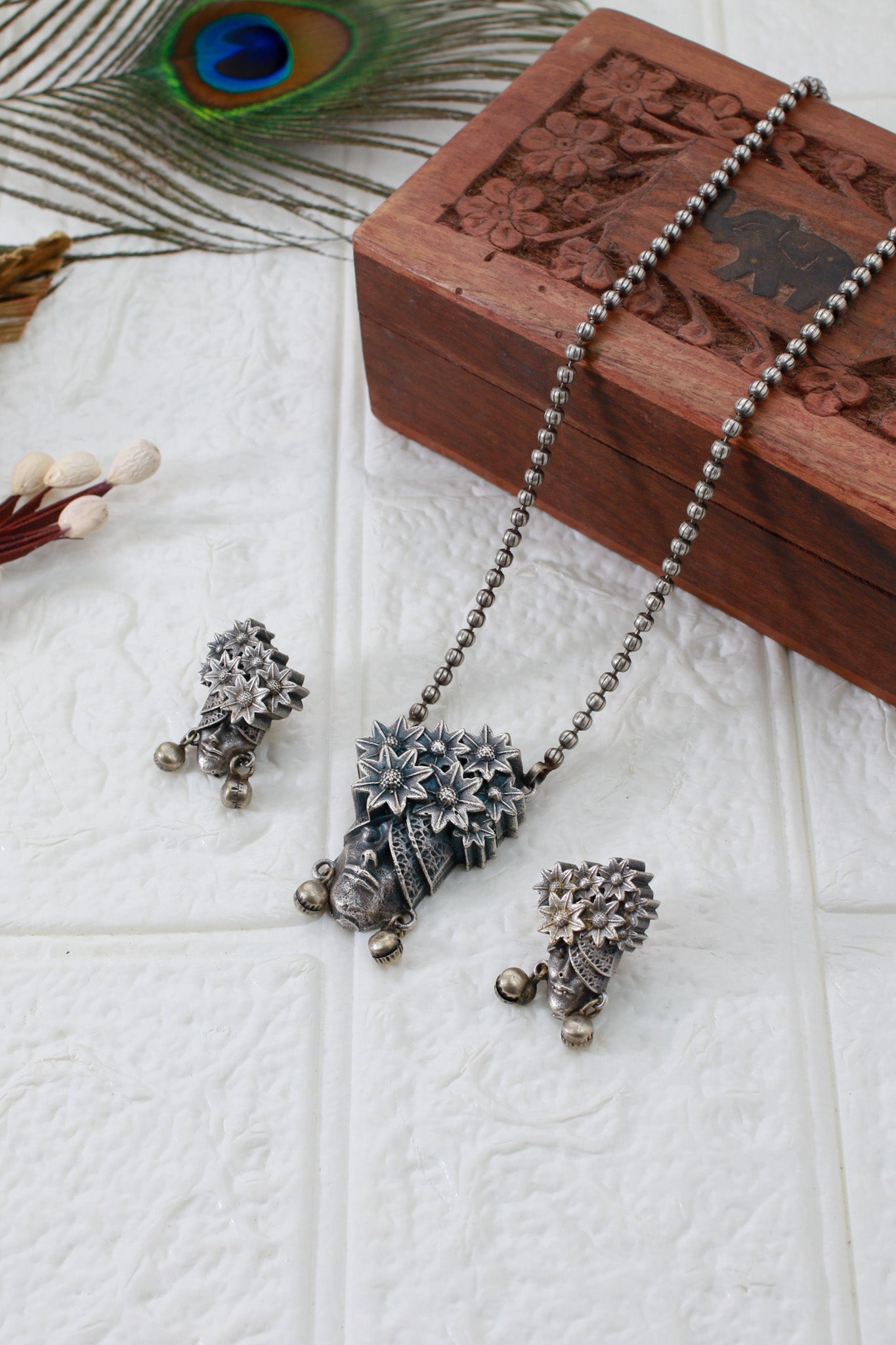 Boho Face Motif Pendant Set with Florals | Oxidised German Silver