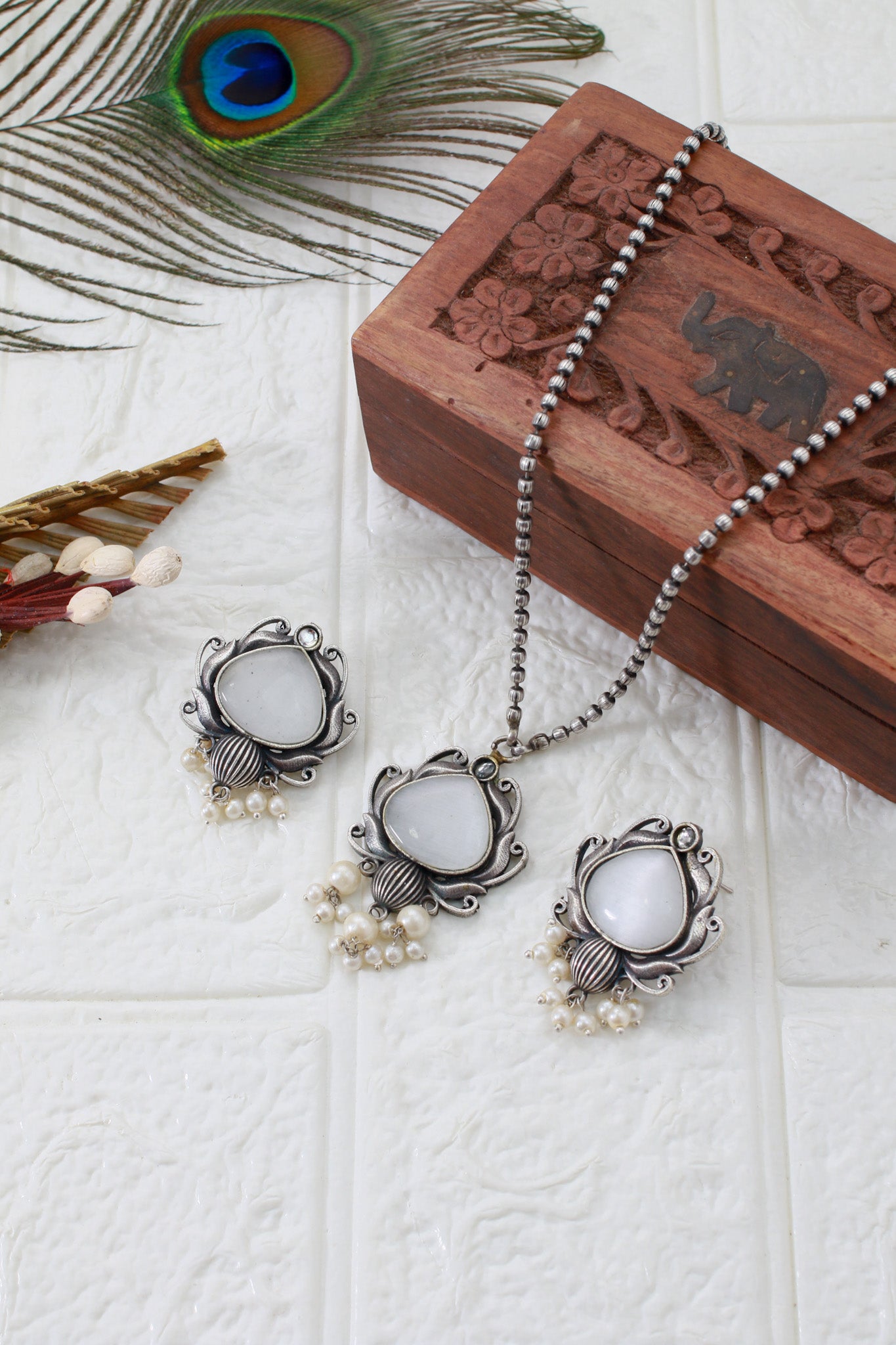 White Monalisa Lotus Pendant Set with Pearl Drops | Oxidised German Silver