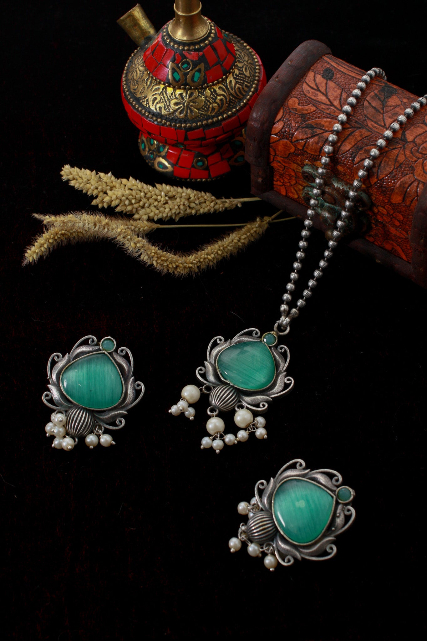 Green Monalisa Lotus Pendant Set with Earrings & Pearls | Oxidised German Silver