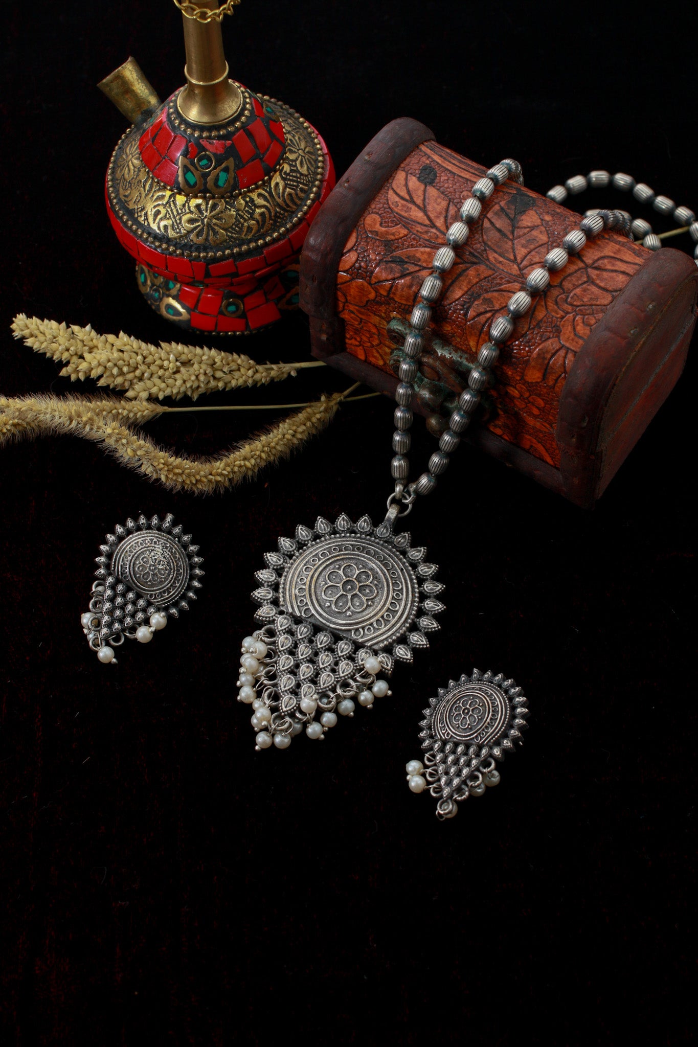 Antique Sunburst Pendant Set with Pearls | Oxidised German Silver