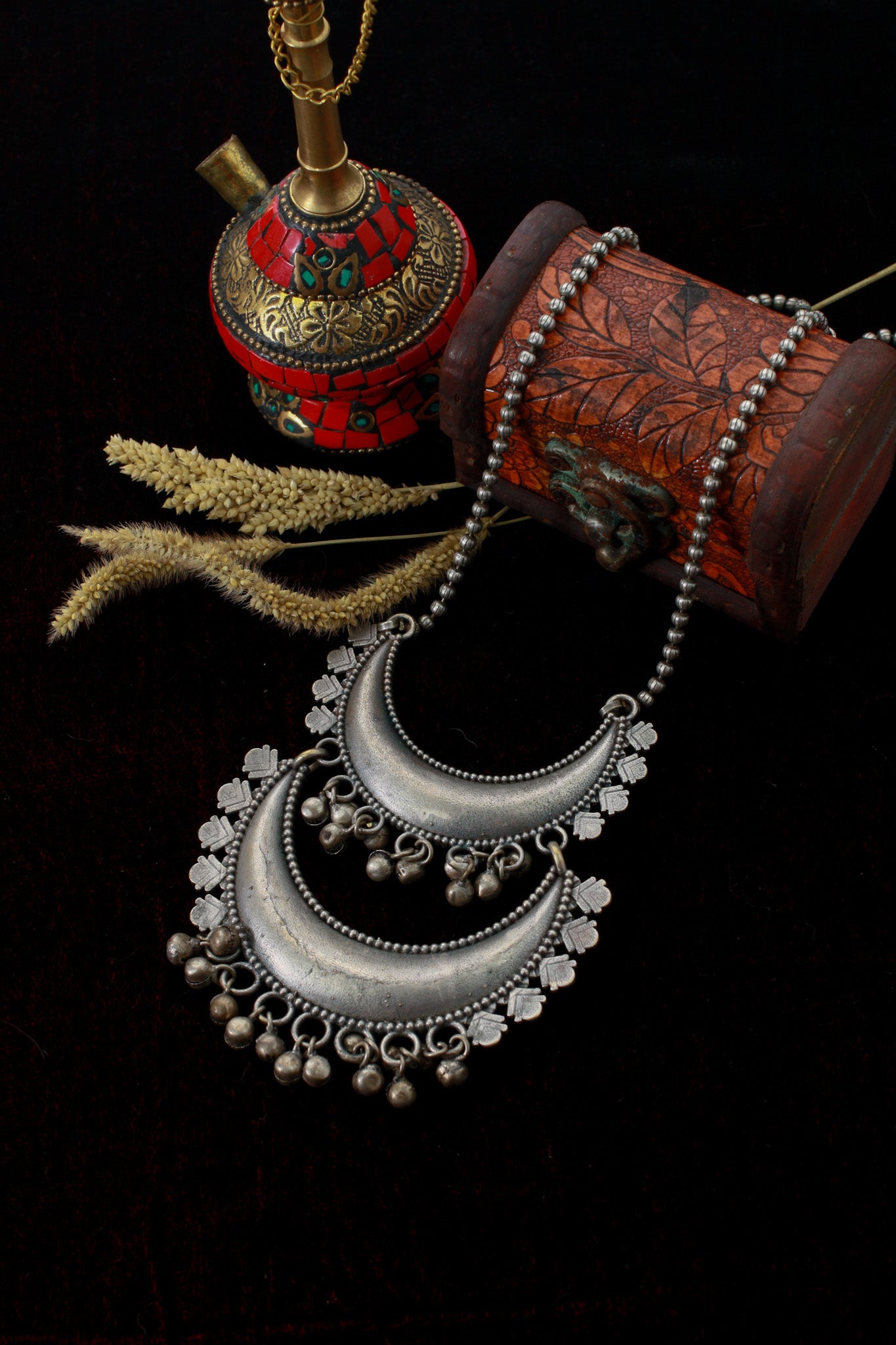 Tribal Double Crescent Pendant | Oxidised German Silver Necklace