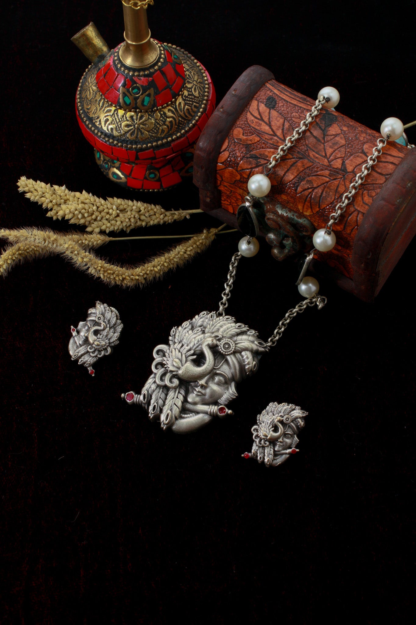 Krishna–Peacock Relief Pendant Set with Beaded Chain | Oxidised German Silver