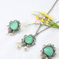 Green Monalisa Lotus Pendant Set with Earrings & Pearls | Oxidised German Silver