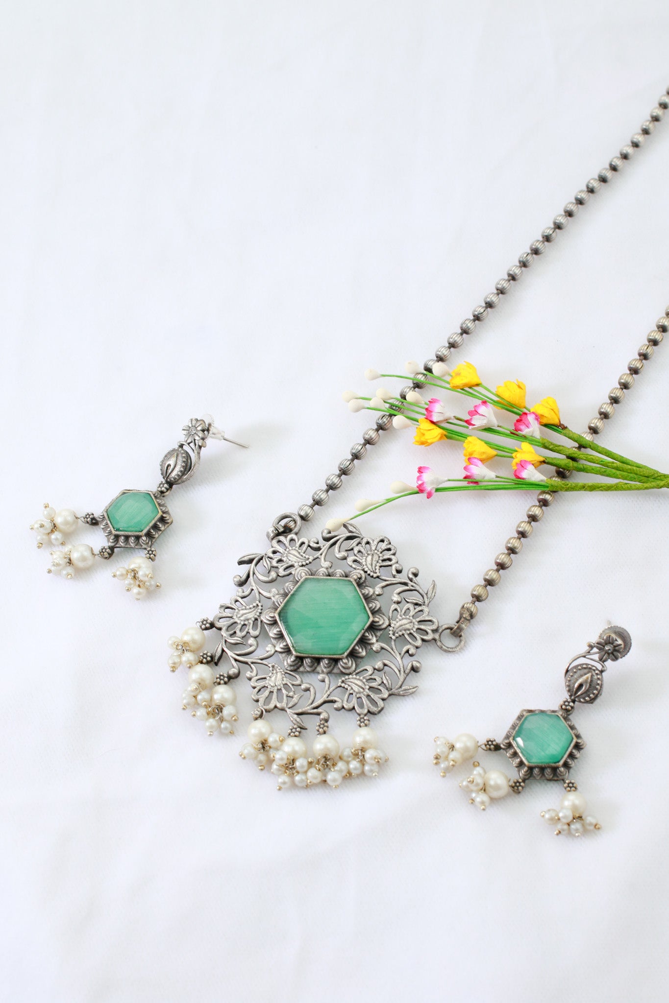 Floral Filigree Hexa Pendant Set with Green Monalisa | Oxidised German Silver