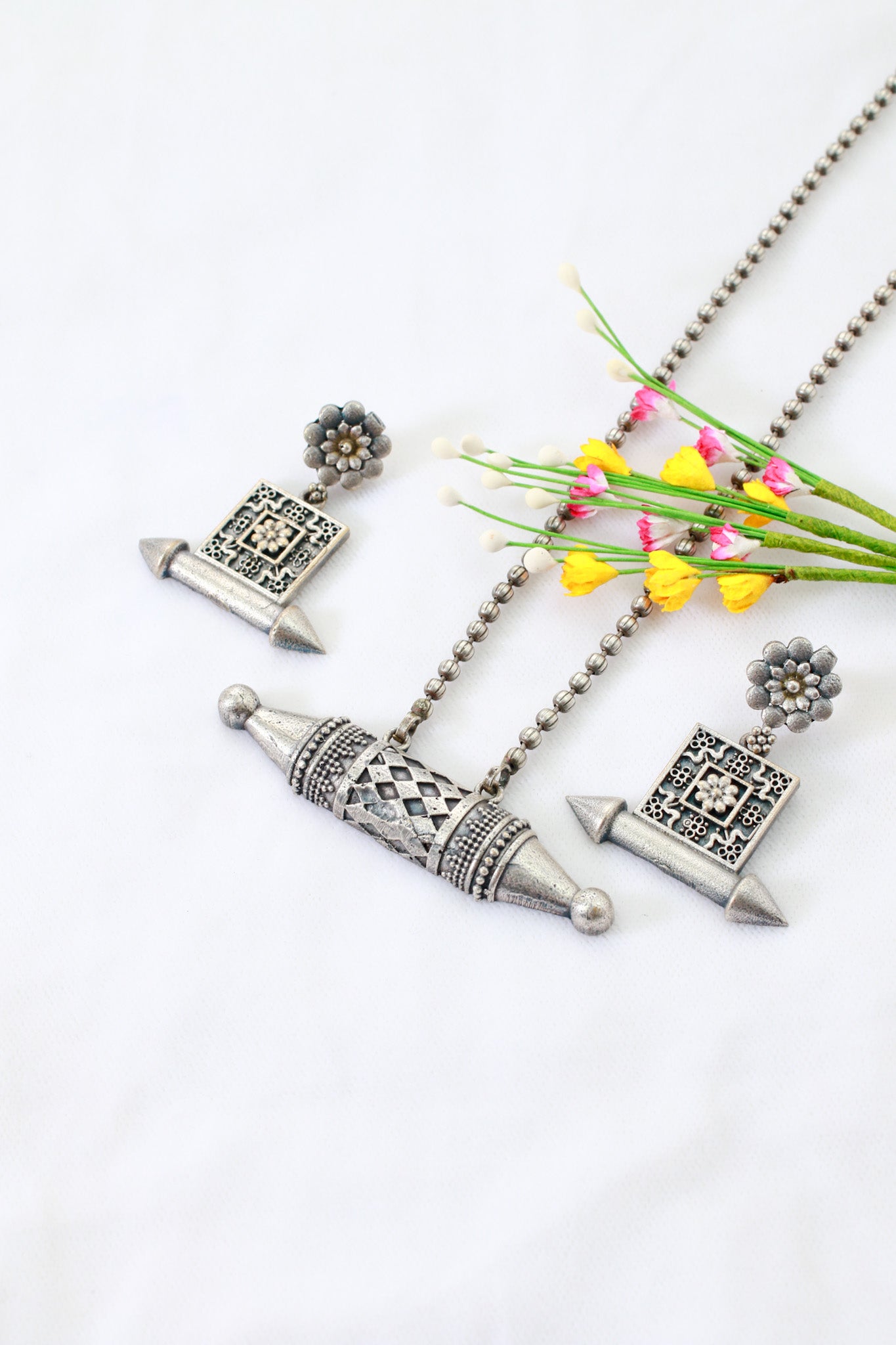 Taweez Barrel Pendant Set with Square Stud Earrings | Oxidised German Silver