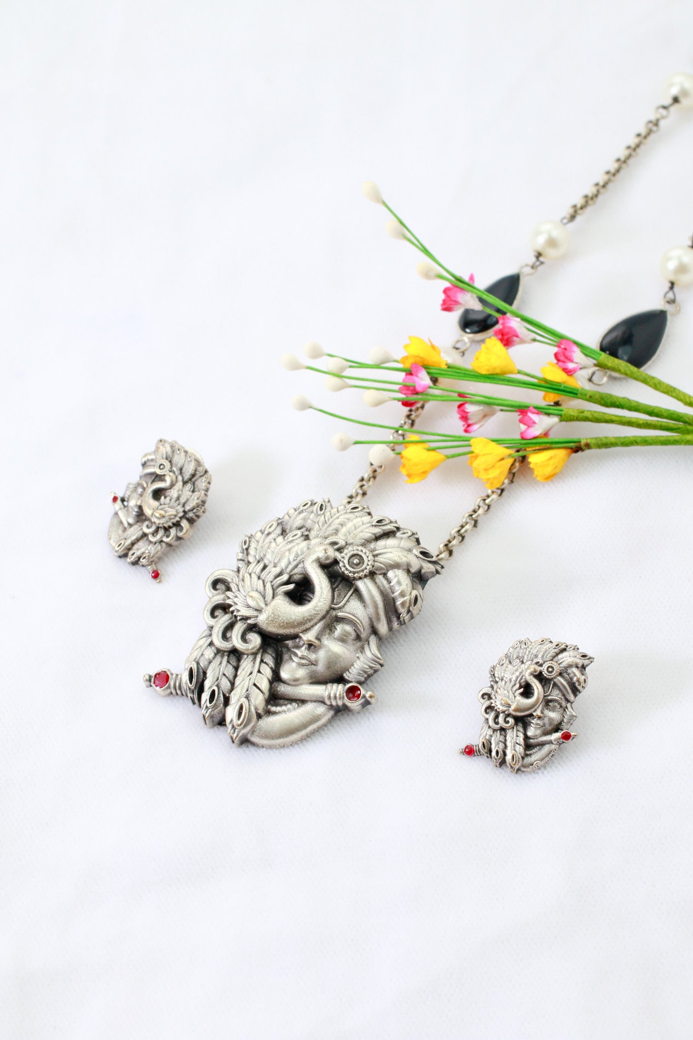 Krishna–Peacock Relief Pendant Set with Beaded Chain | Oxidised German Silver