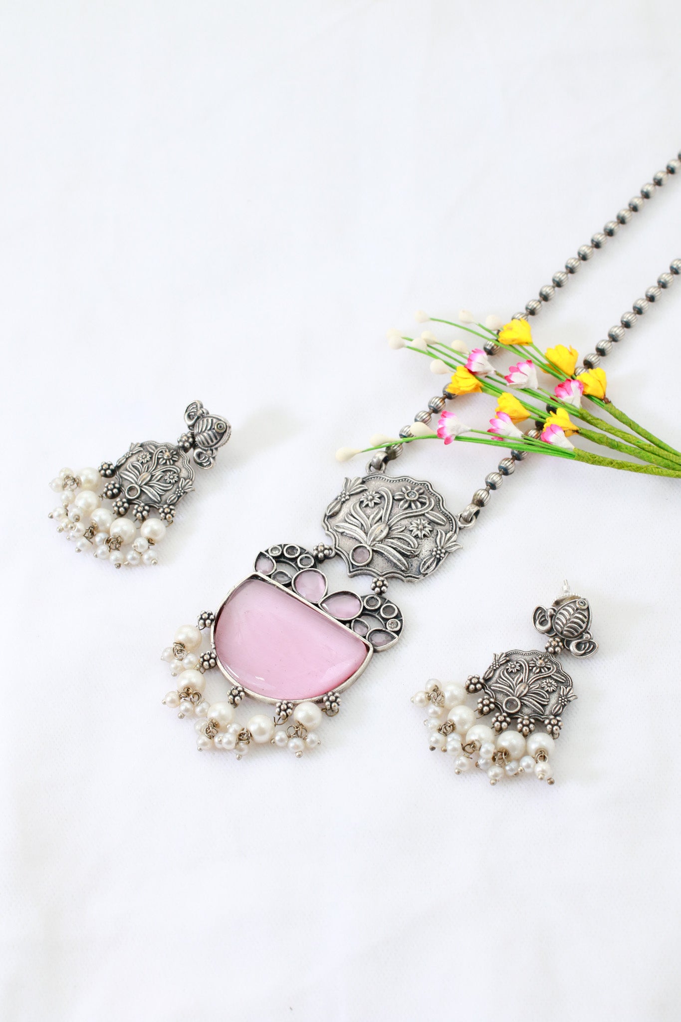 Pink Monalisa Floral Panel Pendant Set with Pearls | Oxidised German Silver