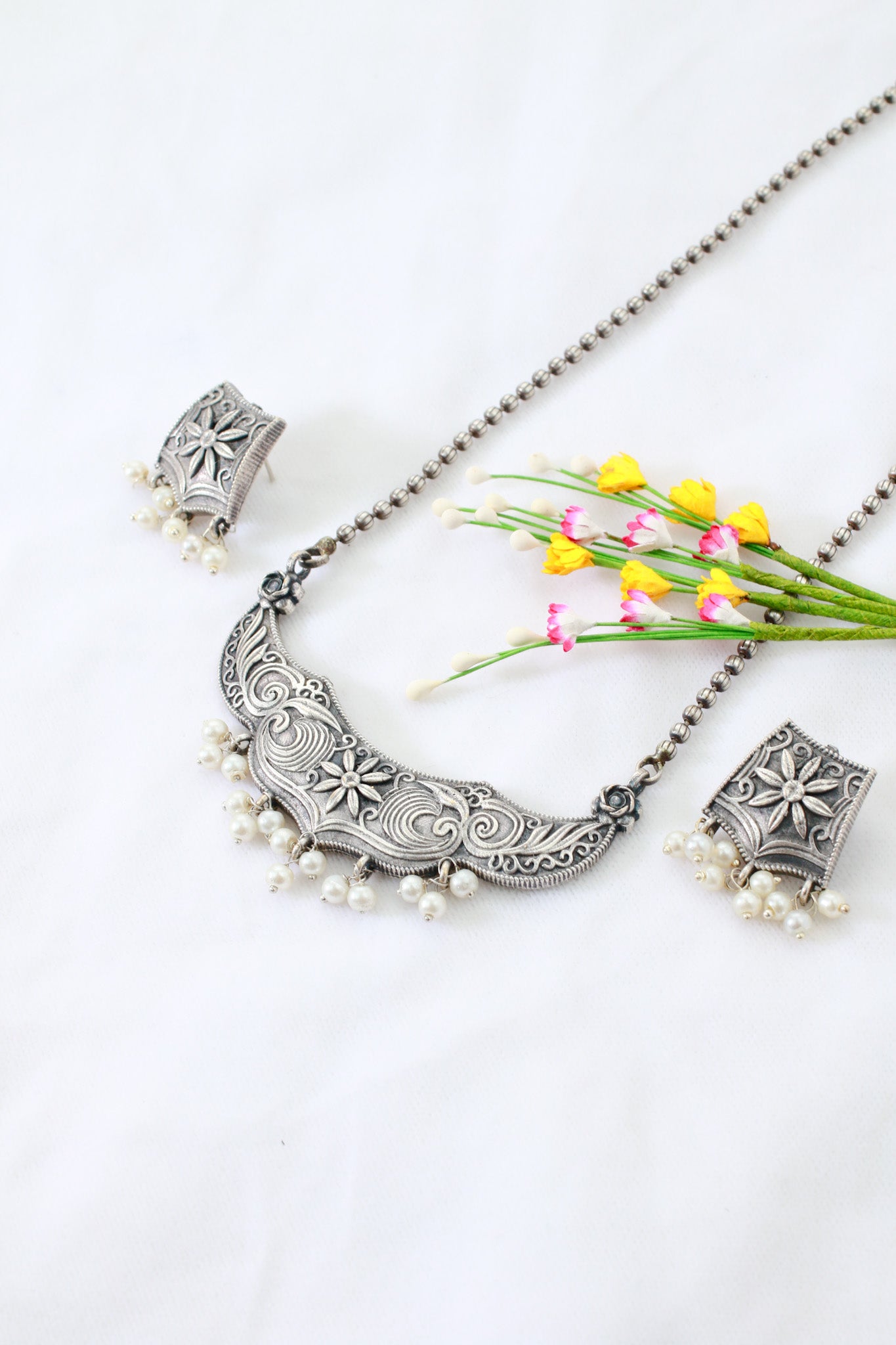 Floral Engraved Collar Pendant Set with Pearls | Oxidised German Silver