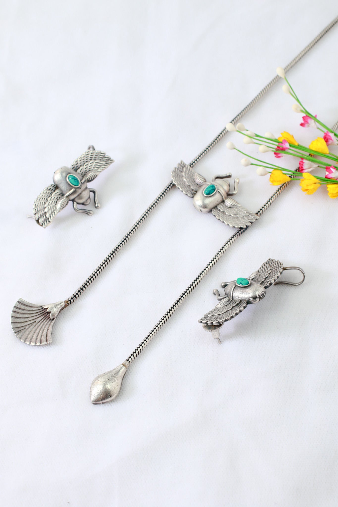 Turquoise Monalisa Winged Scarab Pendant Set | Oxidised German Silver