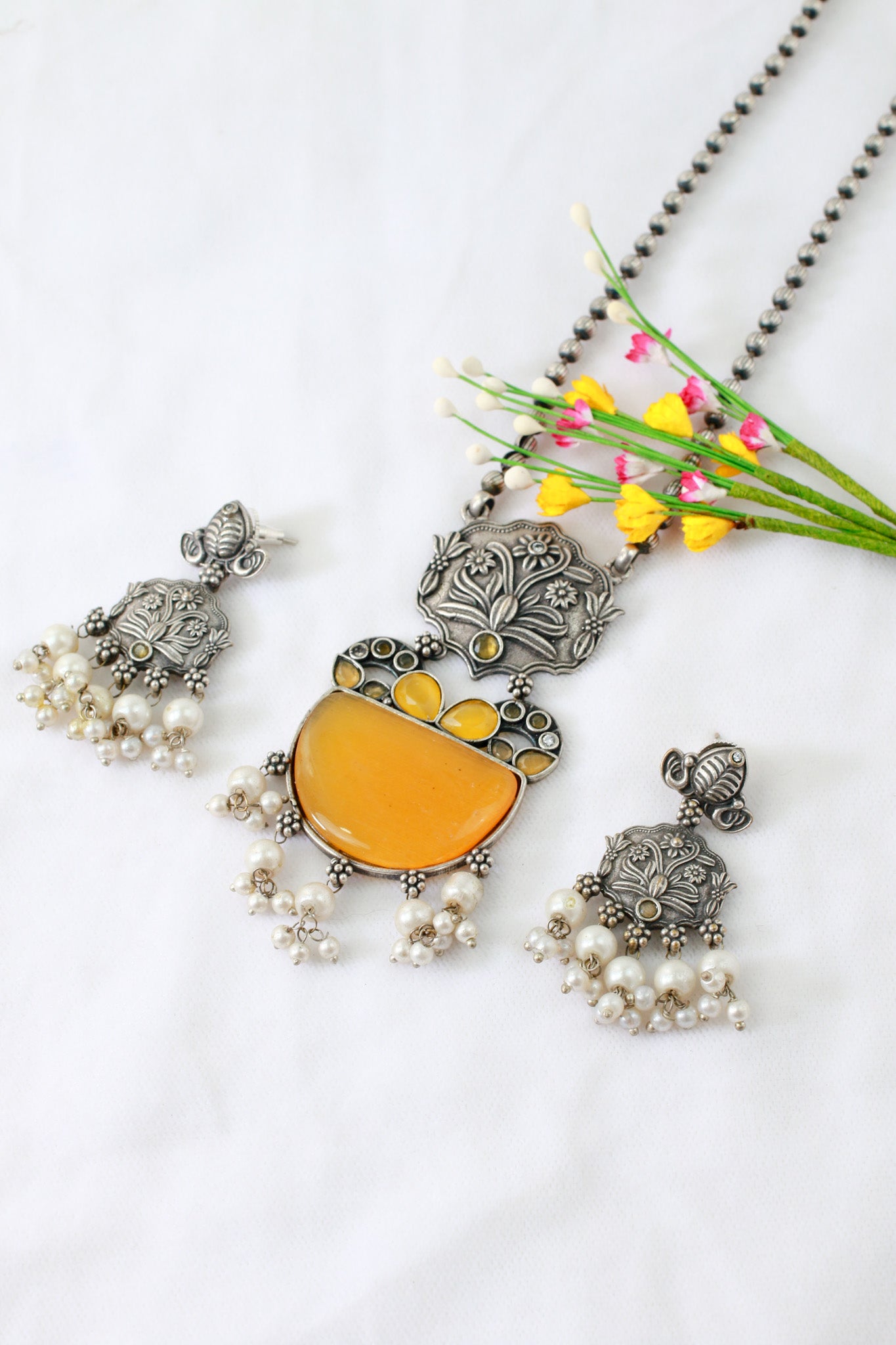 Yellow Monalisa Floral Panel Pendant Set with Pearls | Oxidised German Silver