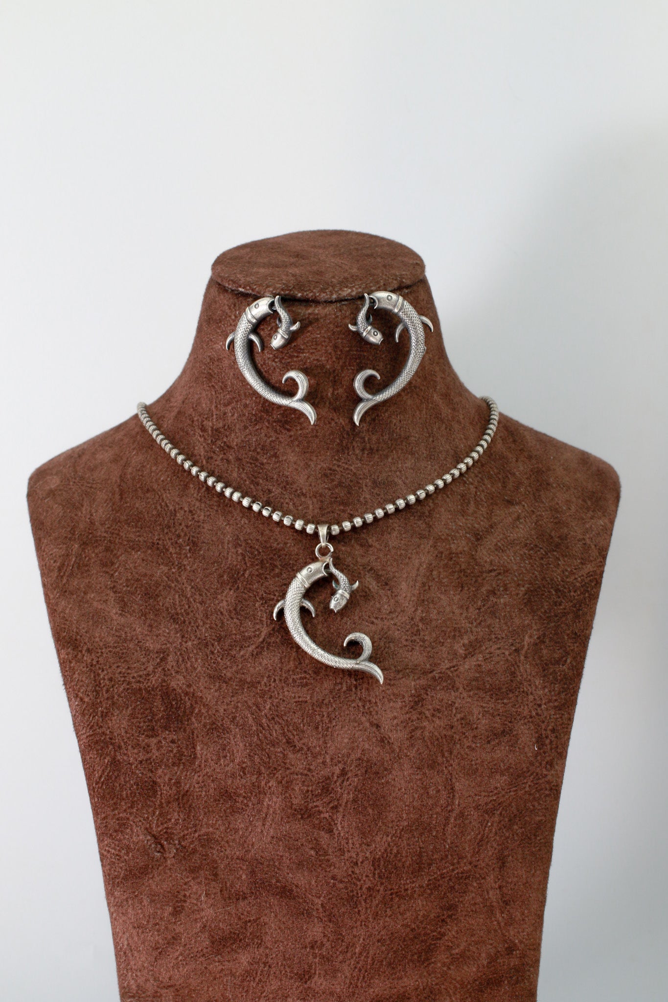 Twin Fish Motif Pendant Set | Oxidised German Silver