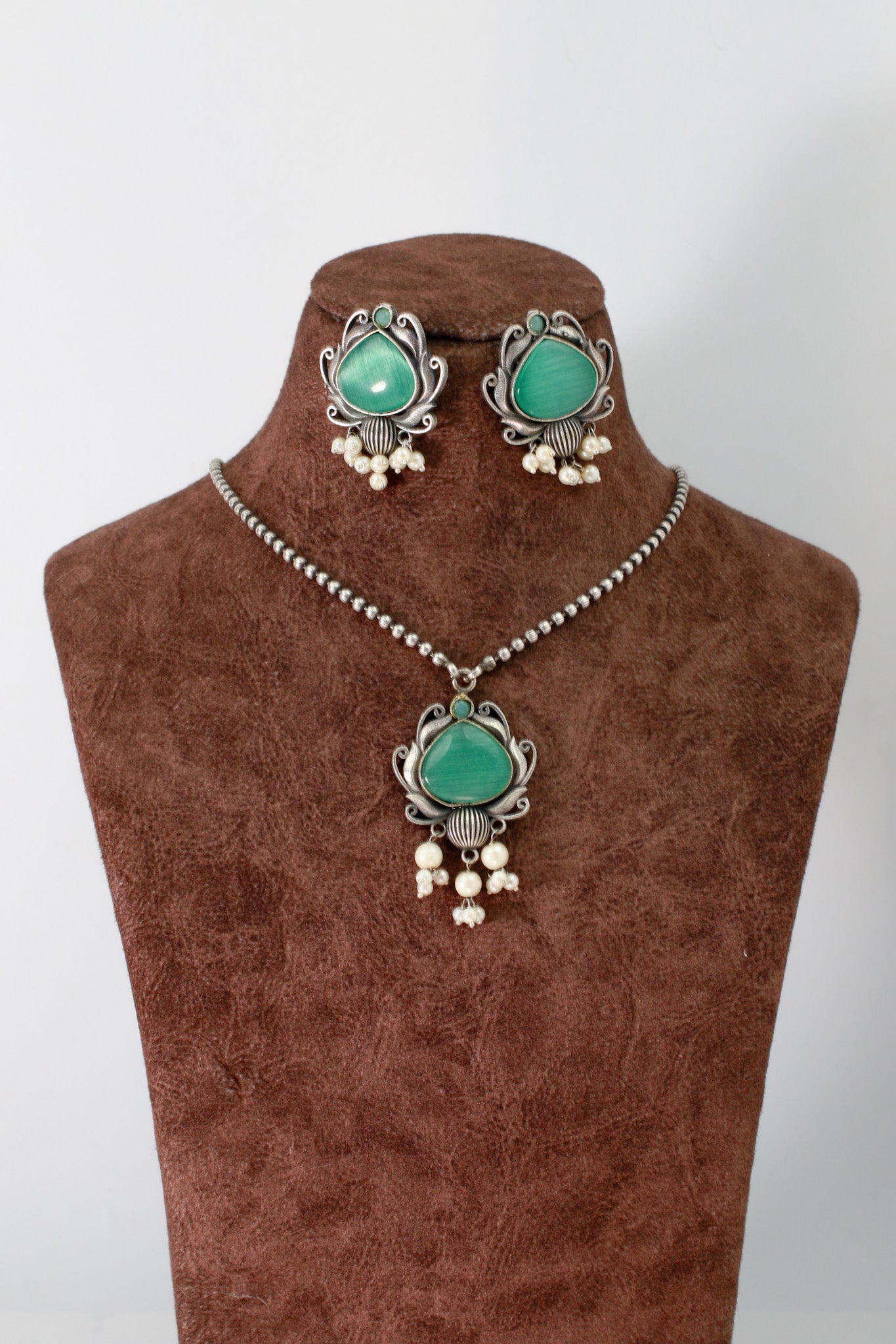 Green Monalisa Lotus Pendant Set with Earrings & Pearls | Oxidised German Silver