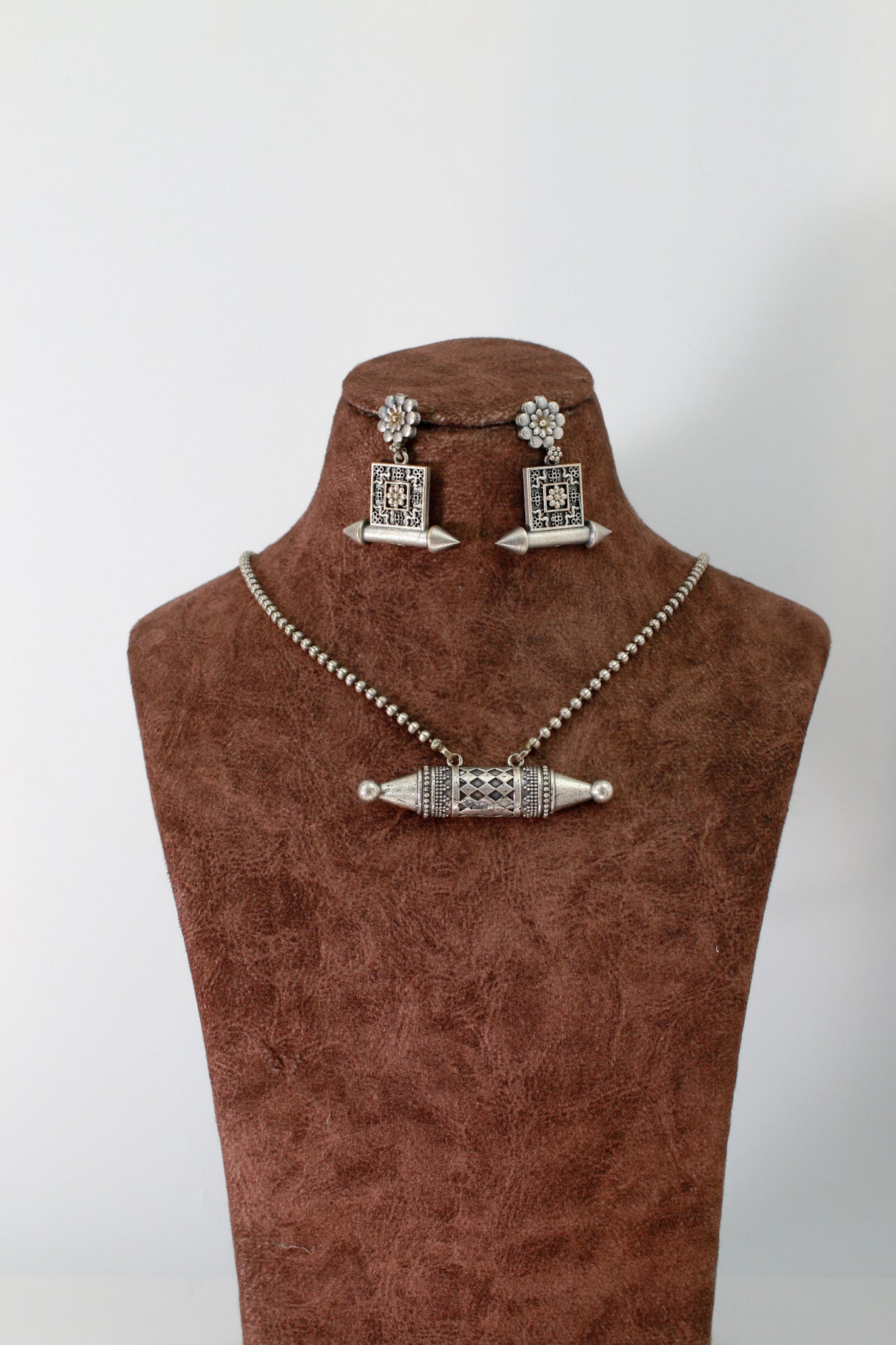 Taweez Barrel Pendant Set with Square Stud Earrings | Oxidised German Silver