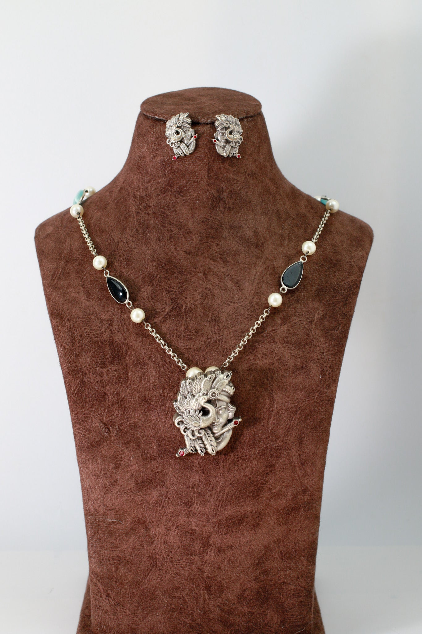 Krishna–Peacock Relief Pendant Set with Beaded Chain | Oxidised German Silver