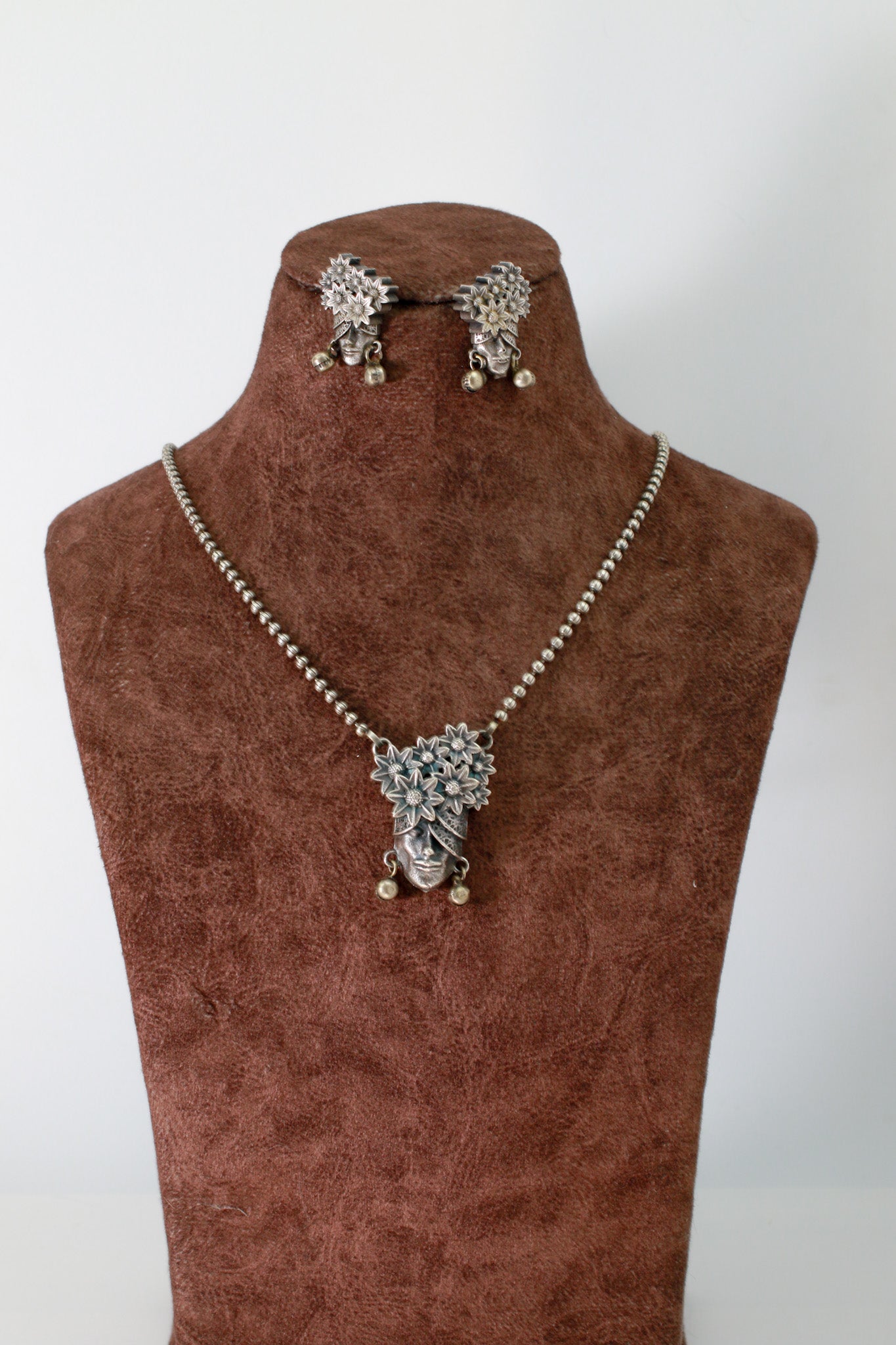 Boho Face Motif Pendant Set with Florals | Oxidised German Silver