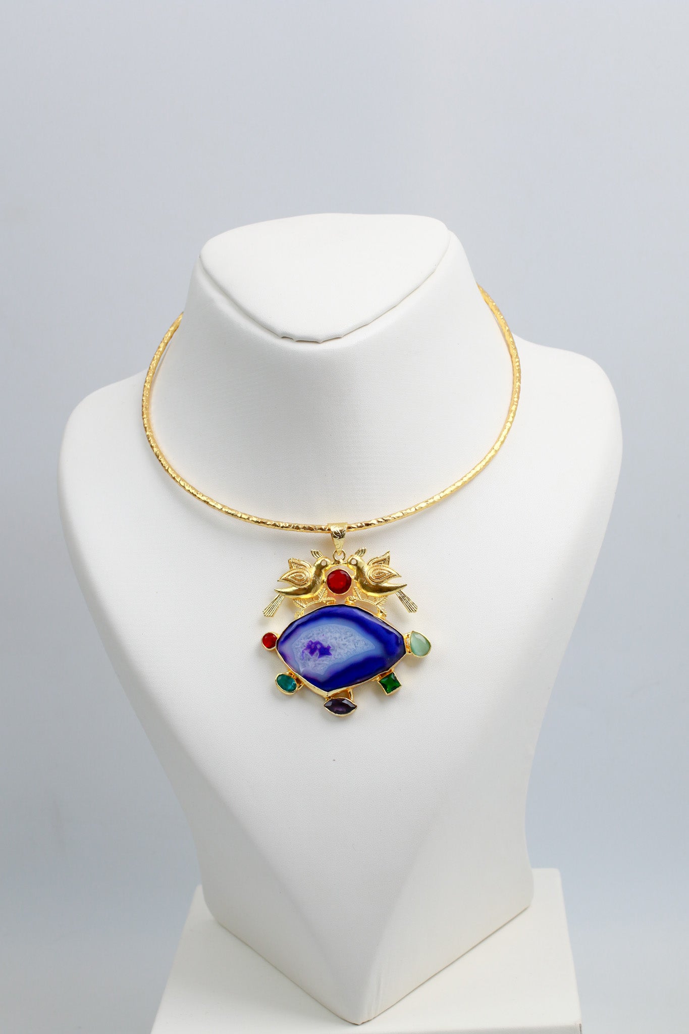 Hansuli Necklace with Bird Motif & Blue Geode Pendant | Brass Anti Tarnish | Lightweight