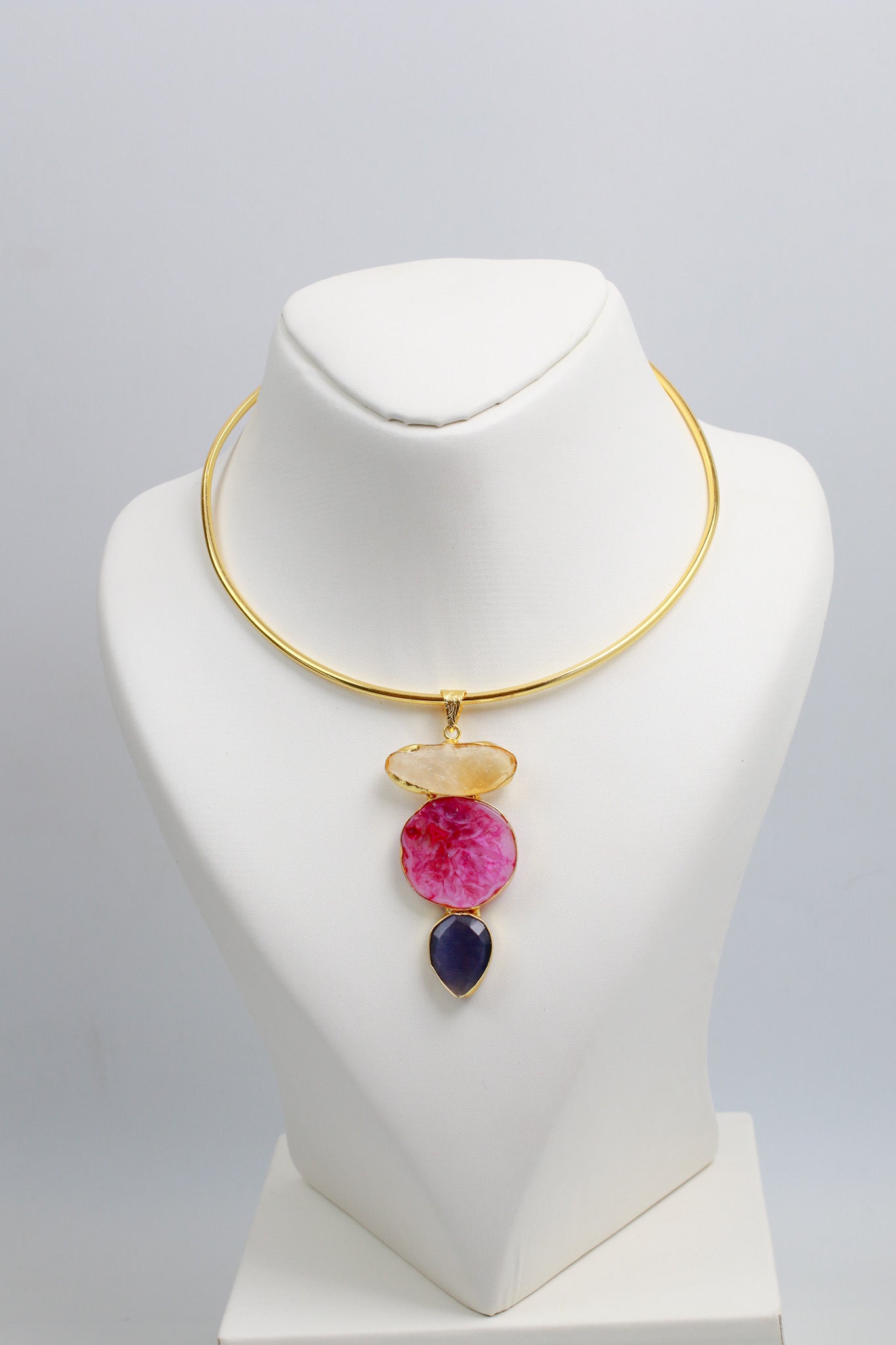 Hansuli Necklace with Triple Stone Pendant – Pink Yellow Navy | Brass Anti Tarnish | Lightweight