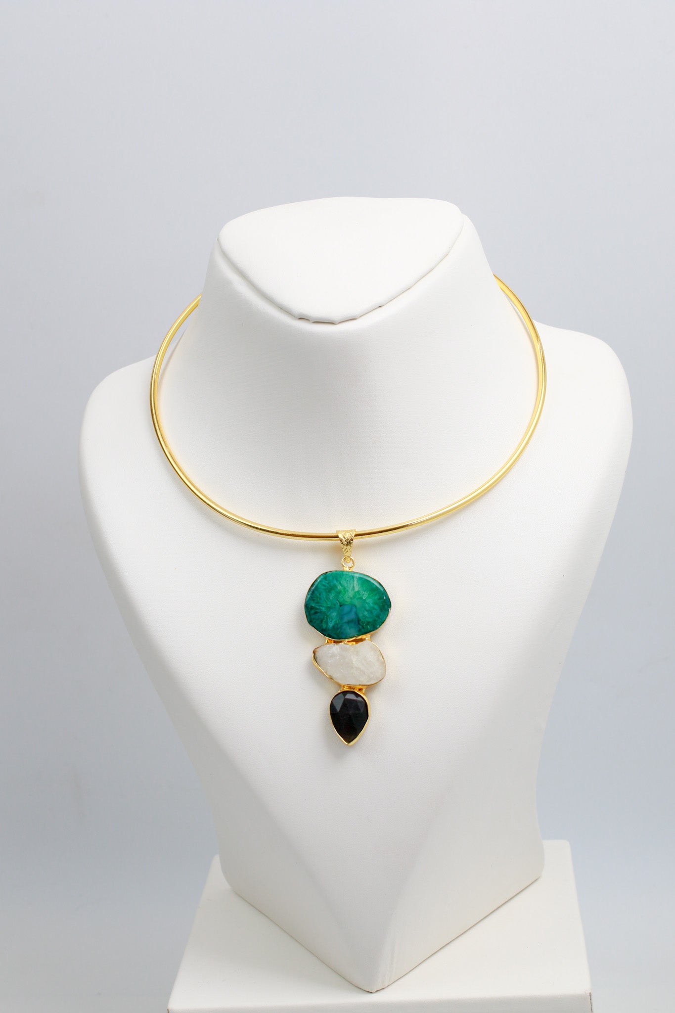 Hansuli Necklace with Triple Stone Pendant – Green White Black | Brass Anti Tarnish | Lightweight