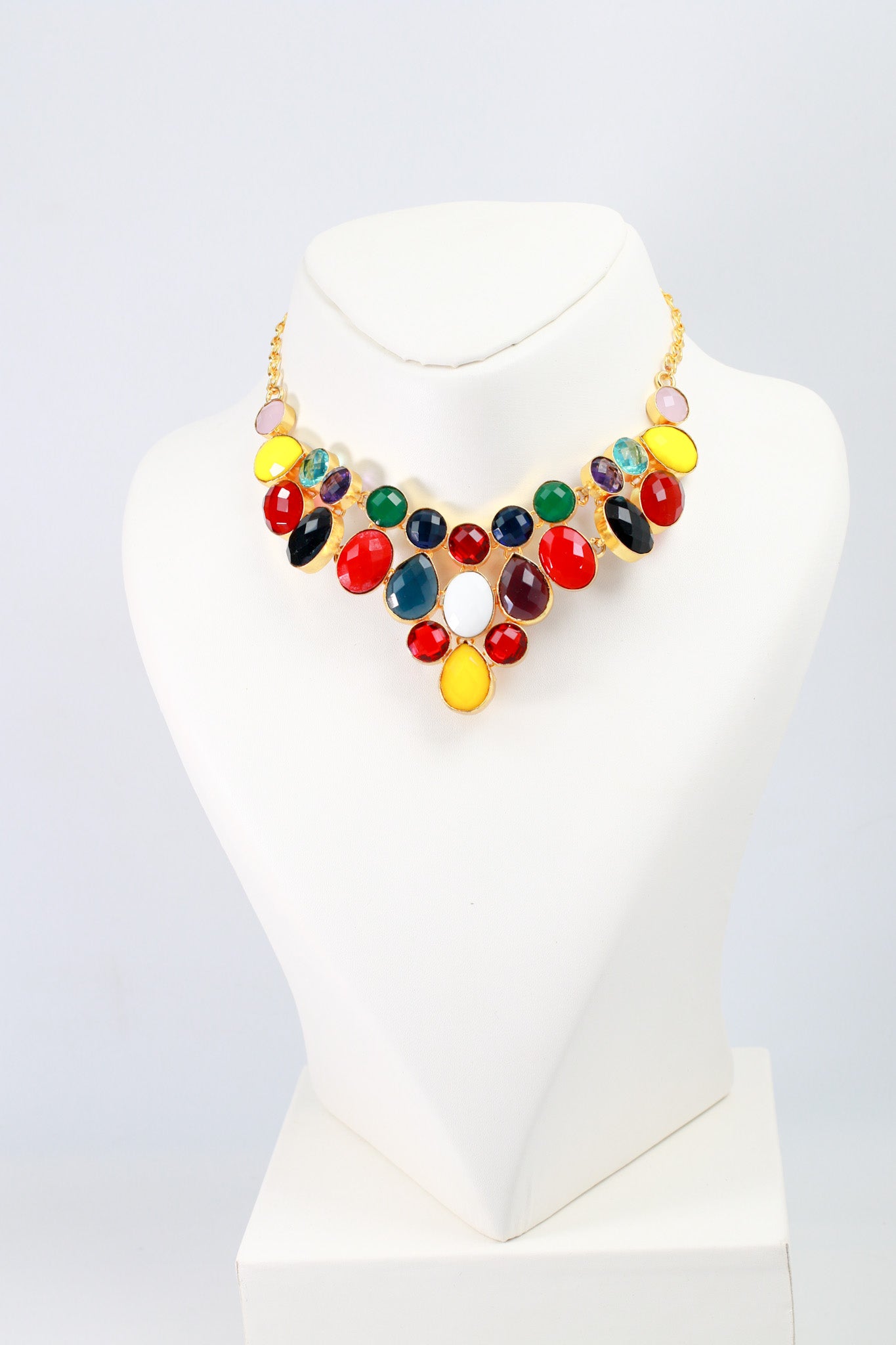 Multicolor Natural Stone Bib Statement Necklace | Brass Anti Tarnish | Lightweight