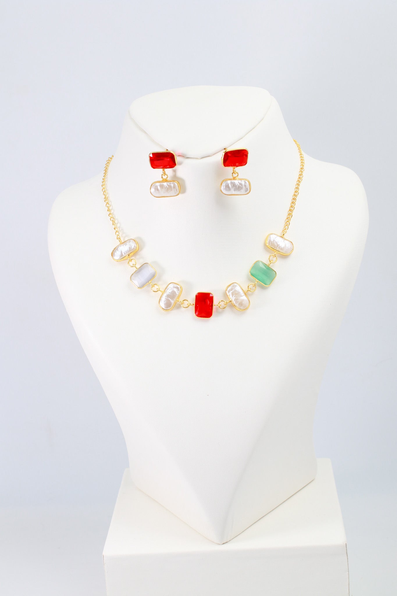 Pearl, Green & Red Stone Necklace Set | Natural Stones, Gold-Plated Brass