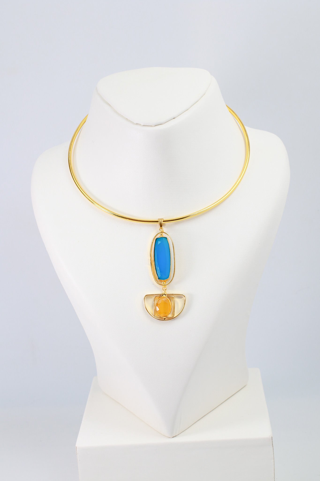 Hansuli Necklace with Dual‑Tone Geometric Pendant – Blue & Yellow Stones | Brass Anti Tarnish | Lightweight