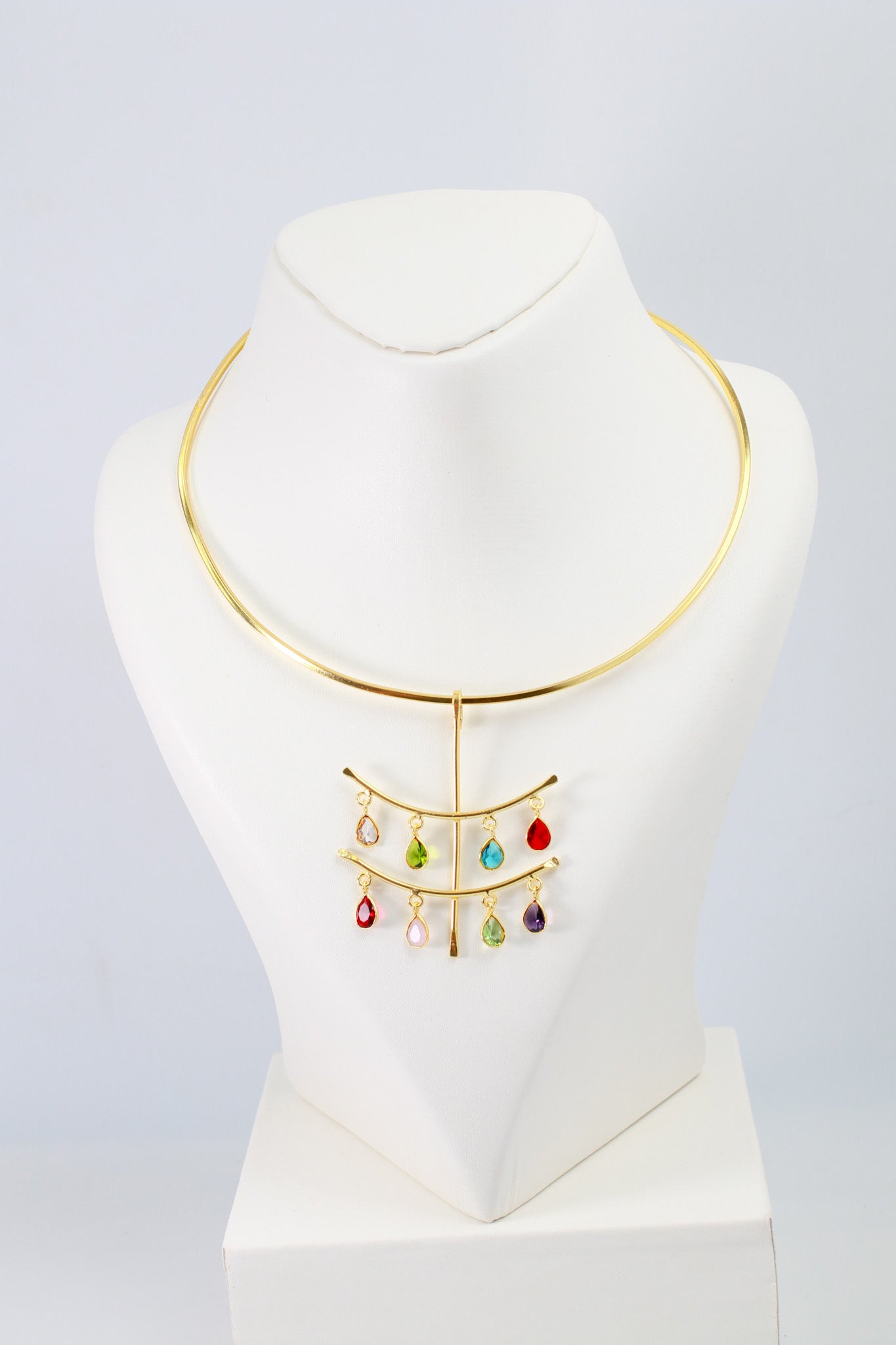 Hansuli Necklace with Cascade Teardrop Charms – Multicolor Stones | Brass Anti Tarnish | Lightweight