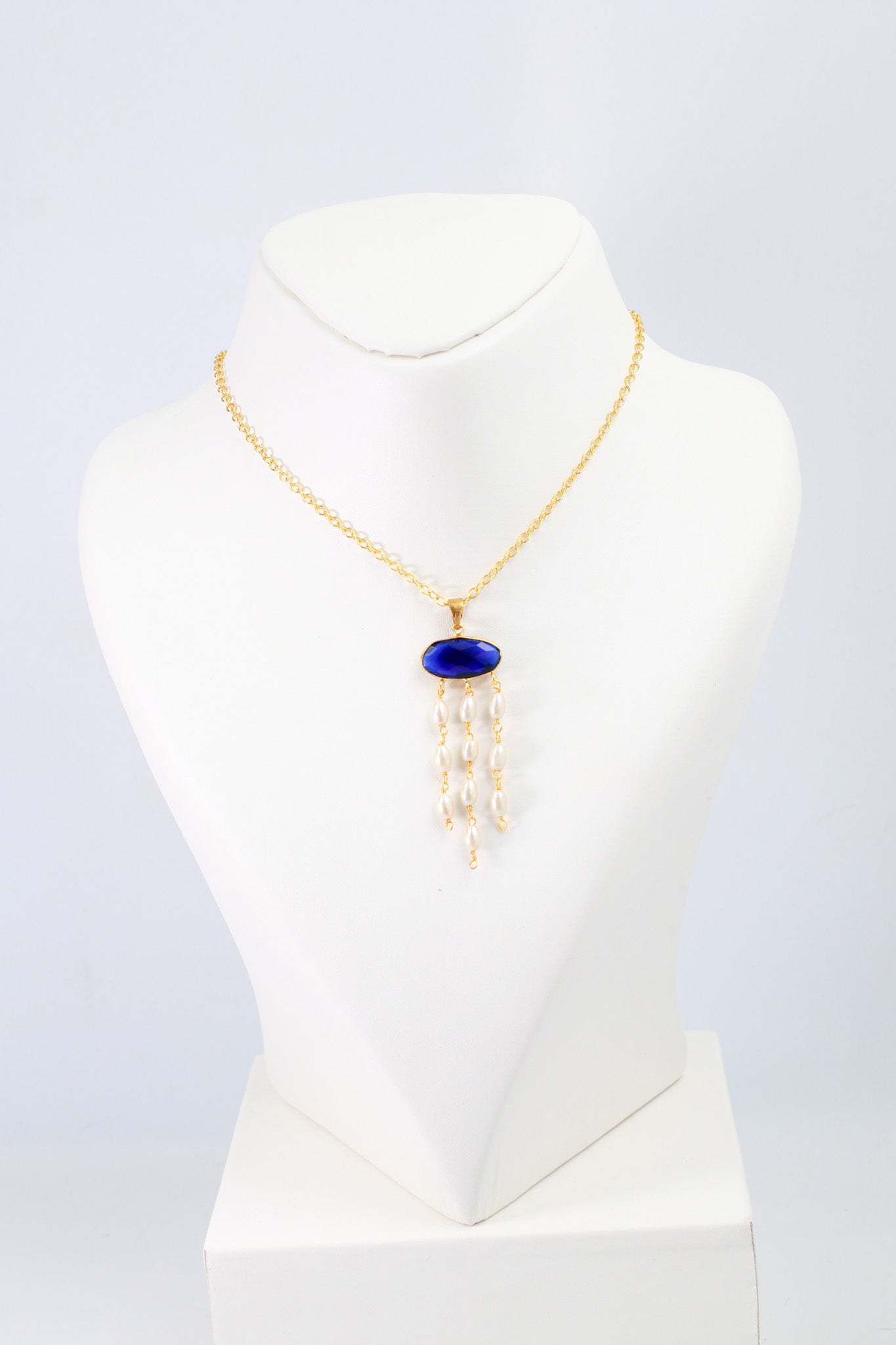Blue Stone & Pearl Tassel Chain Pendant | Natural Stones, Gold-Plated Brass