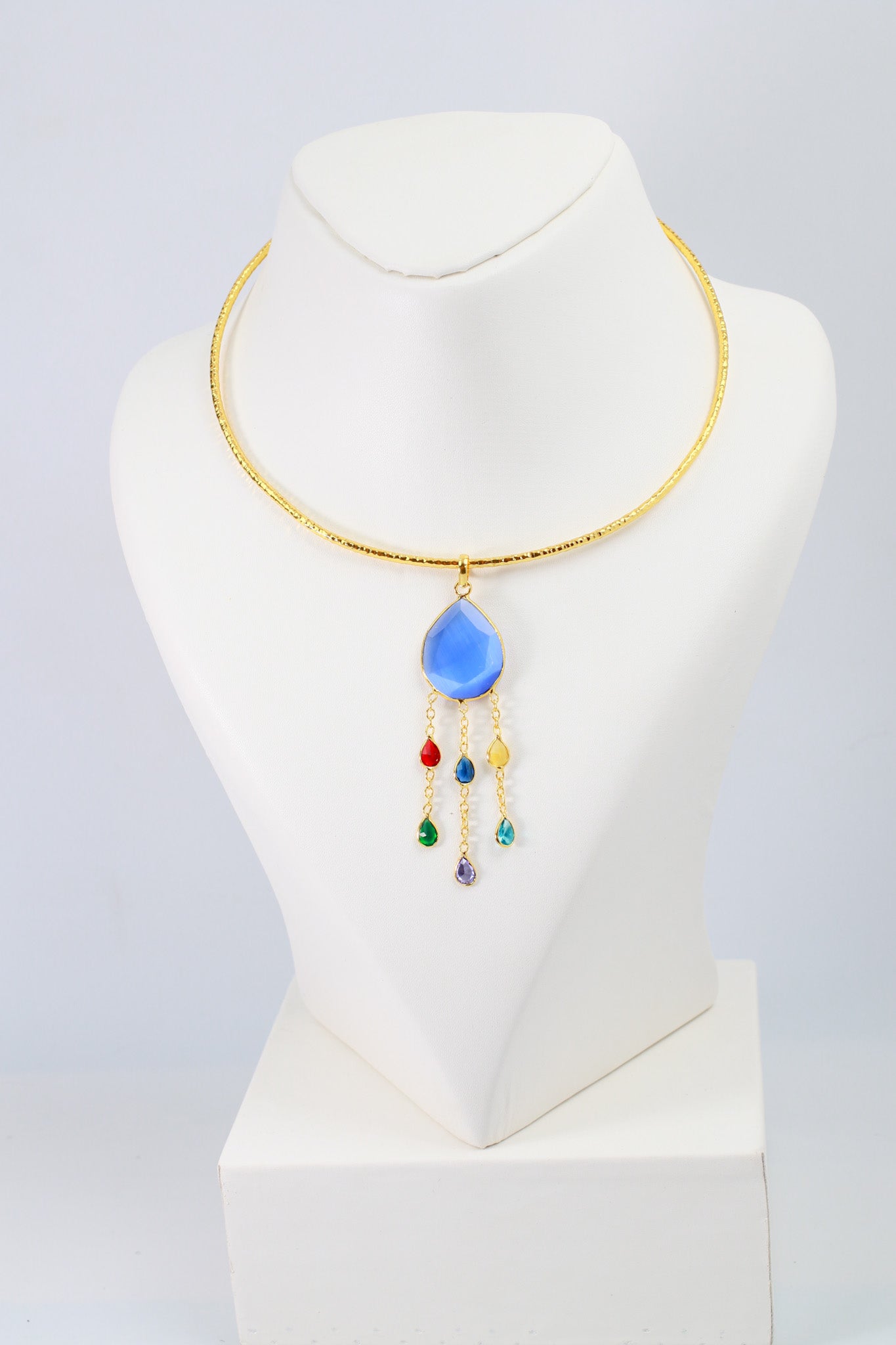 Hansuli Necklace with Blue Pendant & Raindrop Dangles | Brass Anti Tarnish | Lightweight