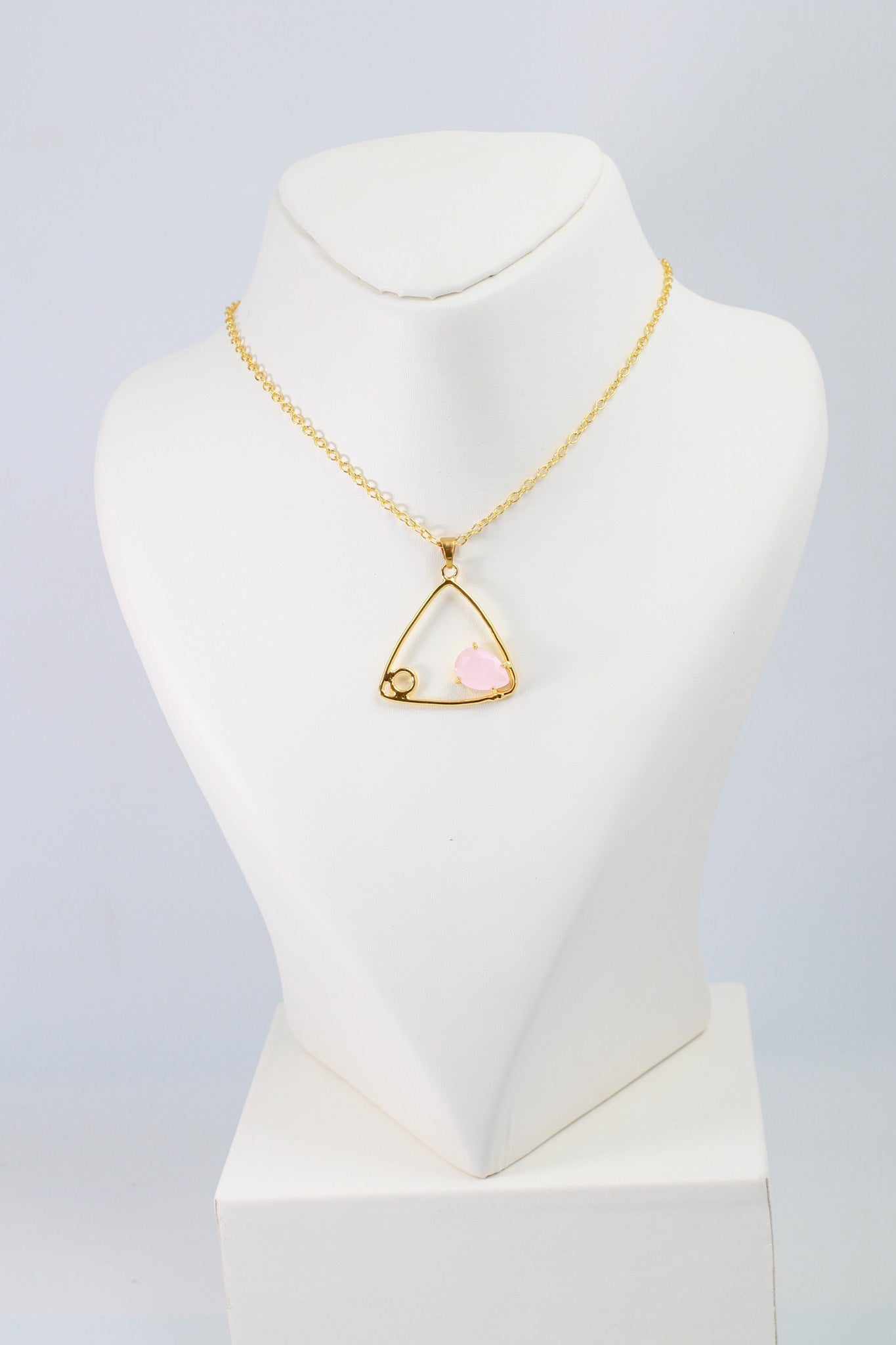 Geometric Triangle Pendant with Rose Quartz | Natural Stone Chain Pendant, Gold-Plated Brass