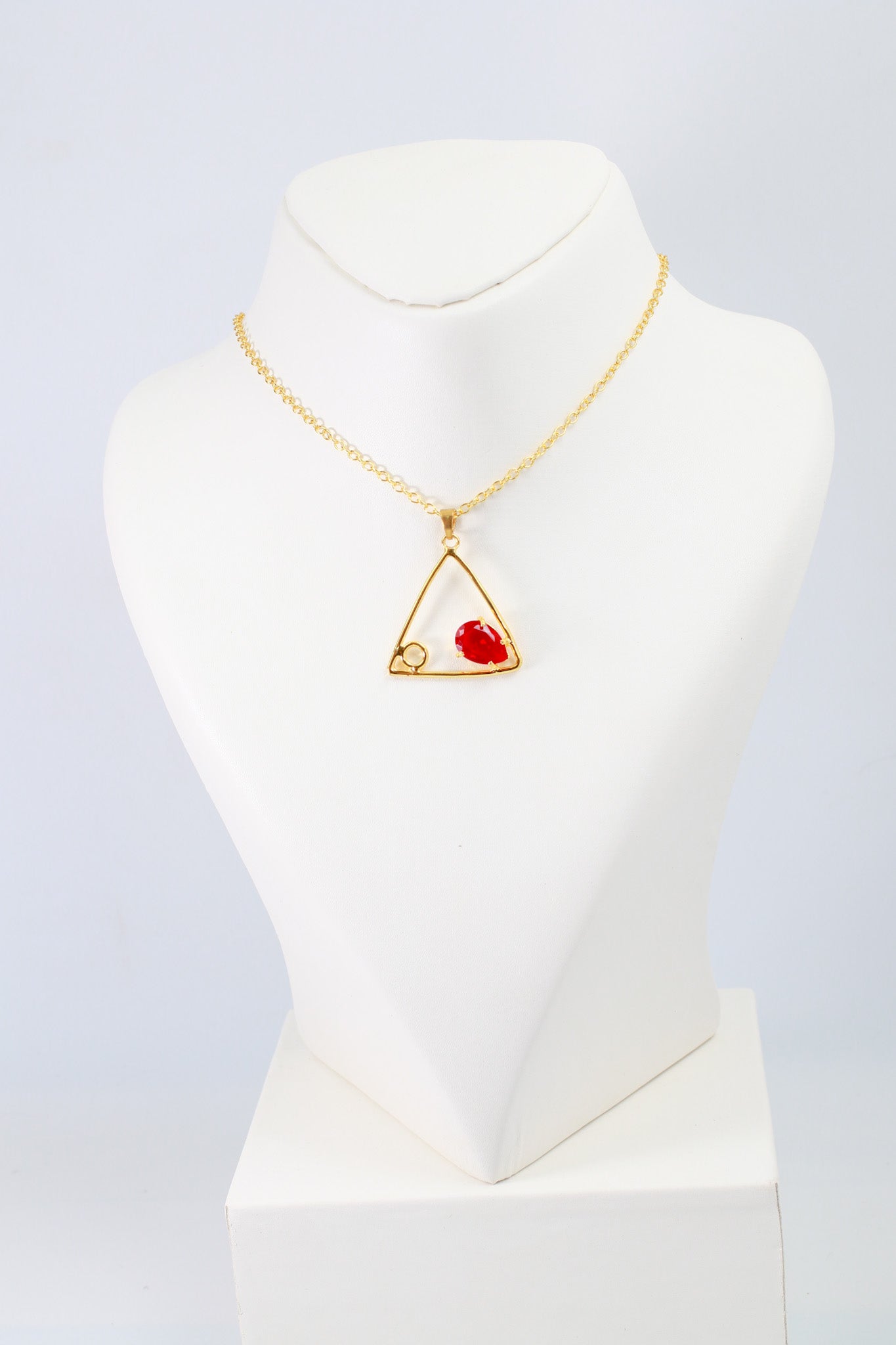 Geometric Triangle Pendant with Red Stone | Natural Stone Chain Pendant, Gold-Plated Brass