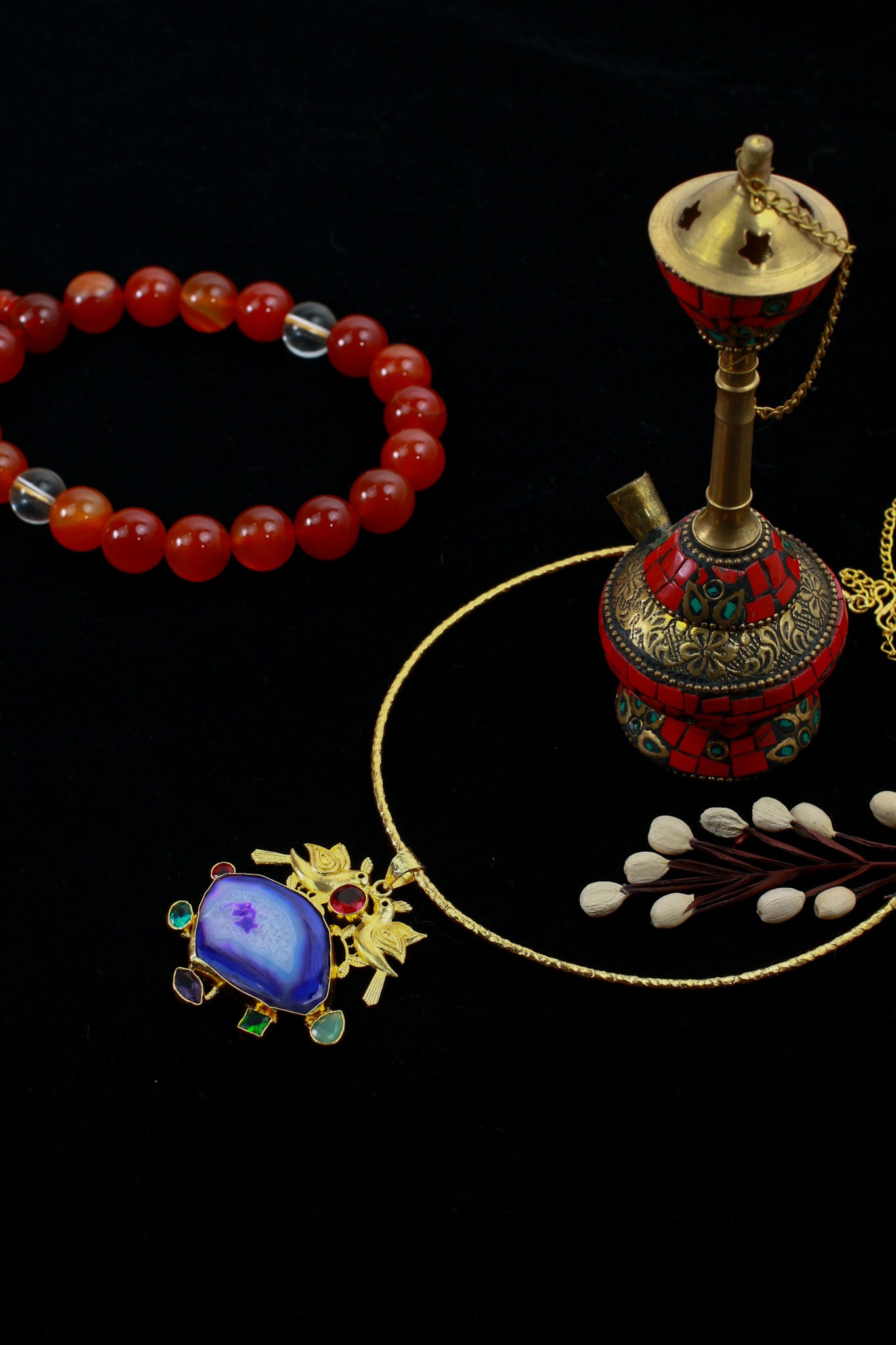 Hansuli Necklace with Bird Motif & Blue Geode Pendant | Brass Anti Tarnish | Lightweight