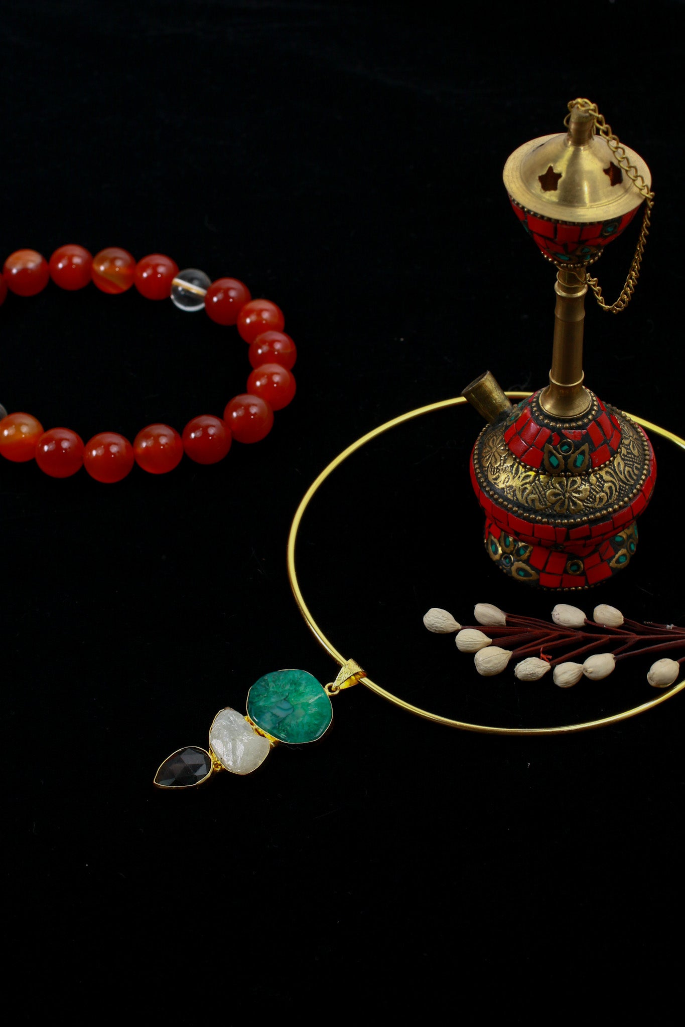 Hansuli Necklace with Triple Stone Pendant – Green White Black | Brass Anti Tarnish | Lightweight