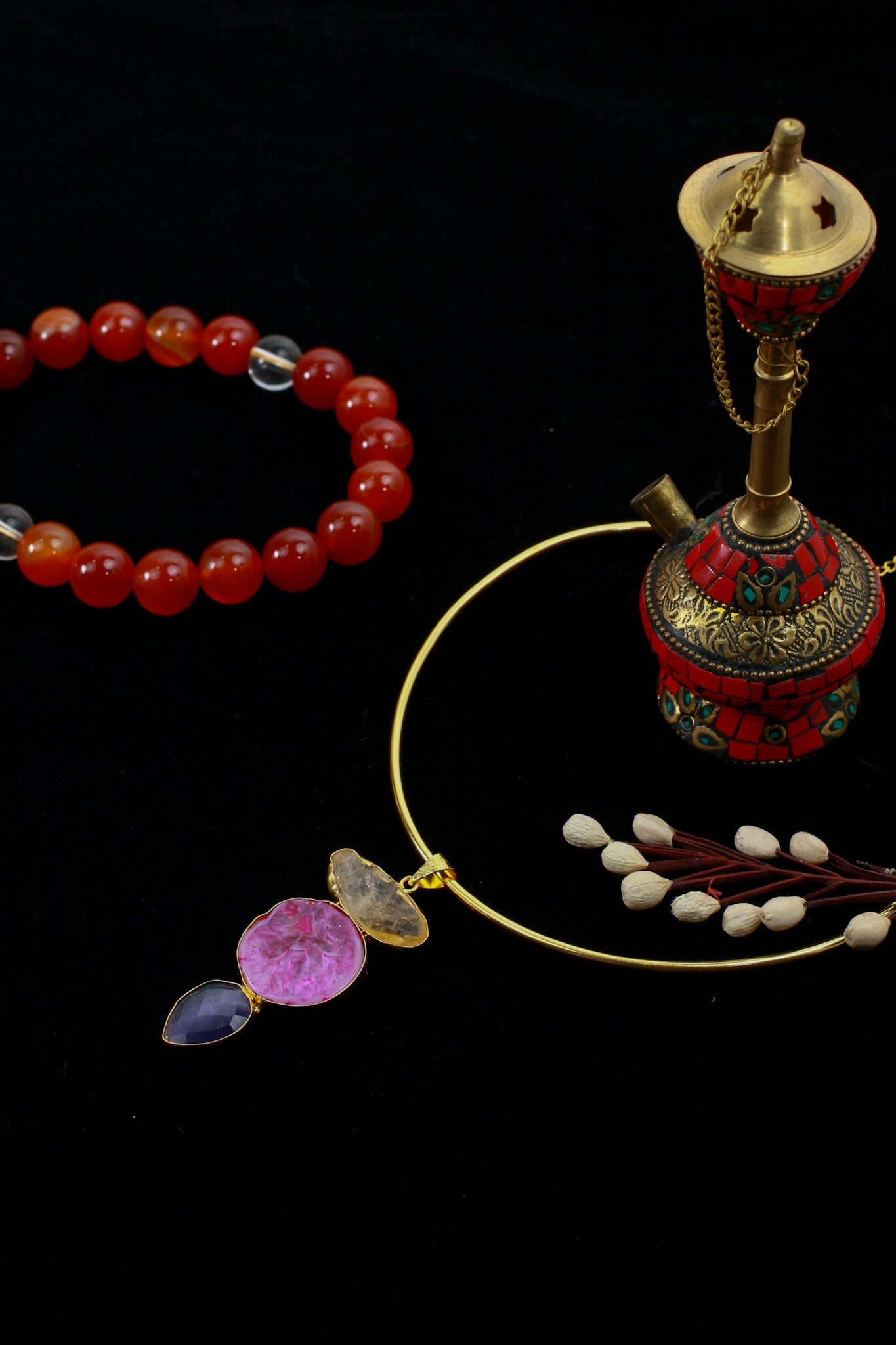 Hansuli Necklace with Triple Stone Pendant – Pink Yellow Navy | Brass Anti Tarnish | Lightweight