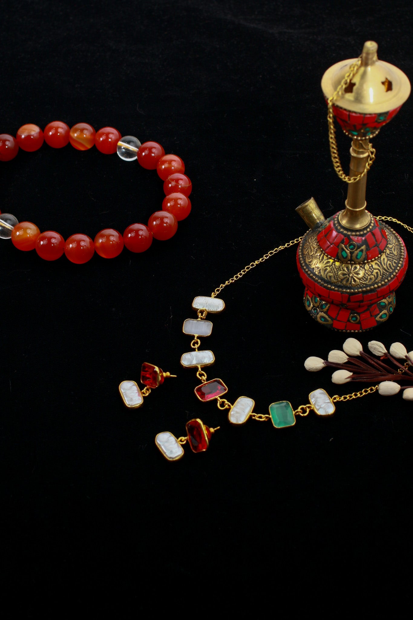 Pearl, Green & Red Stone Necklace Set | Natural Stones, Gold-Plated Brass