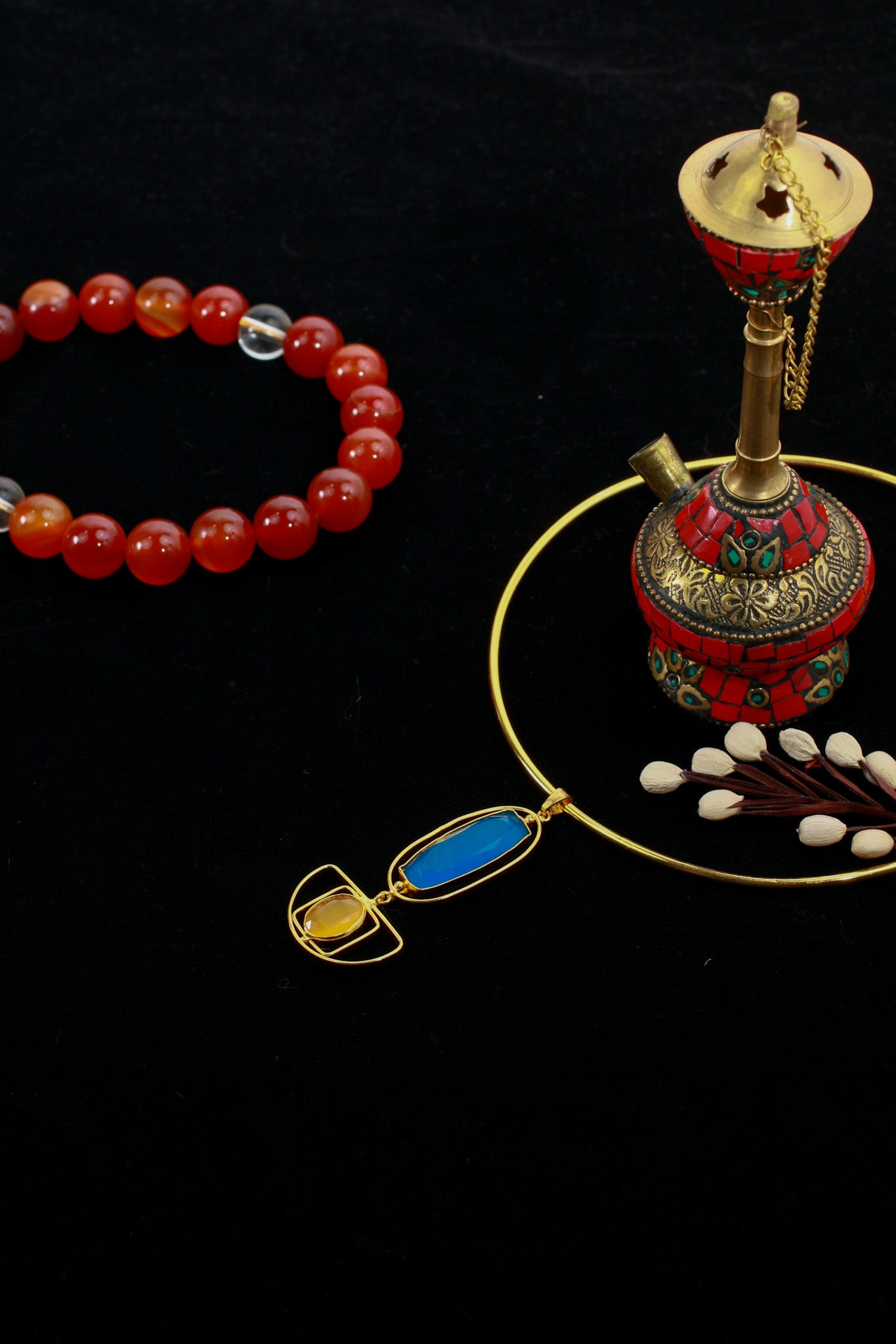 Hansuli Necklace with Dual‑Tone Geometric Pendant – Blue & Yellow Stones | Brass Anti Tarnish | Lightweight