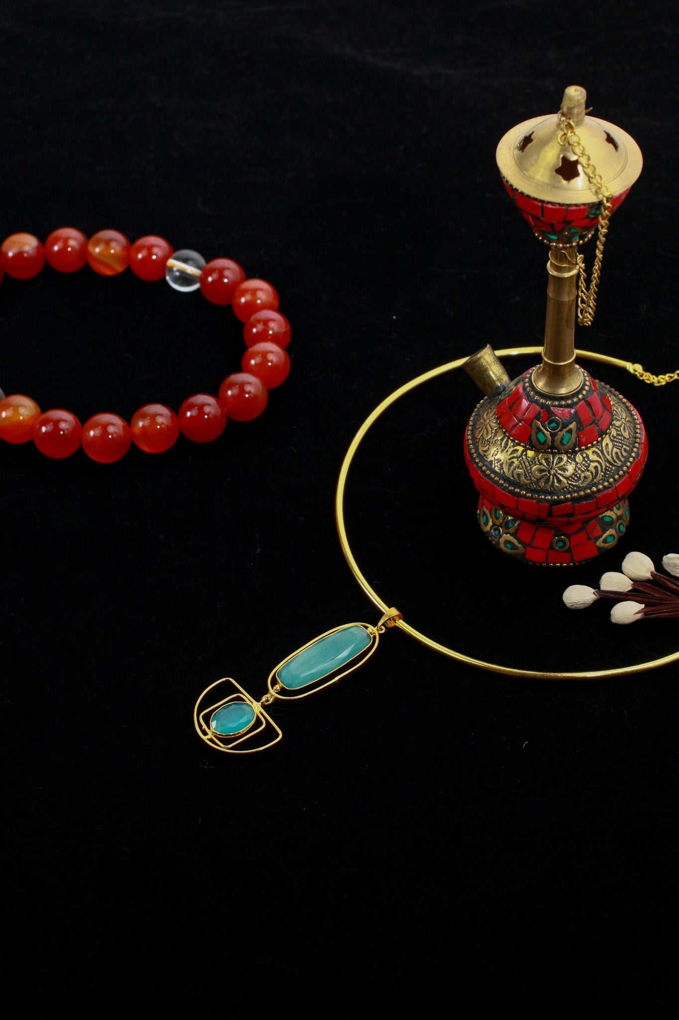 Hansuli Necklace with Art‑Deco Aqua Pendant | Brass Anti Tarnish | Lightweight