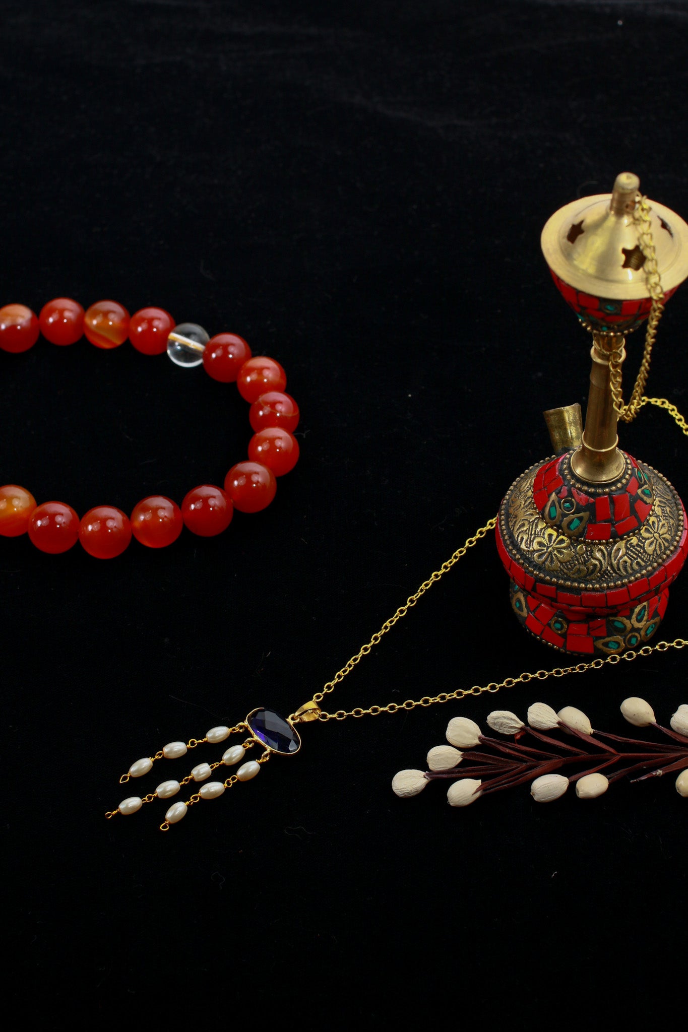 Blue Stone & Pearl Tassel Chain Pendant | Natural Stones, Gold-Plated Brass