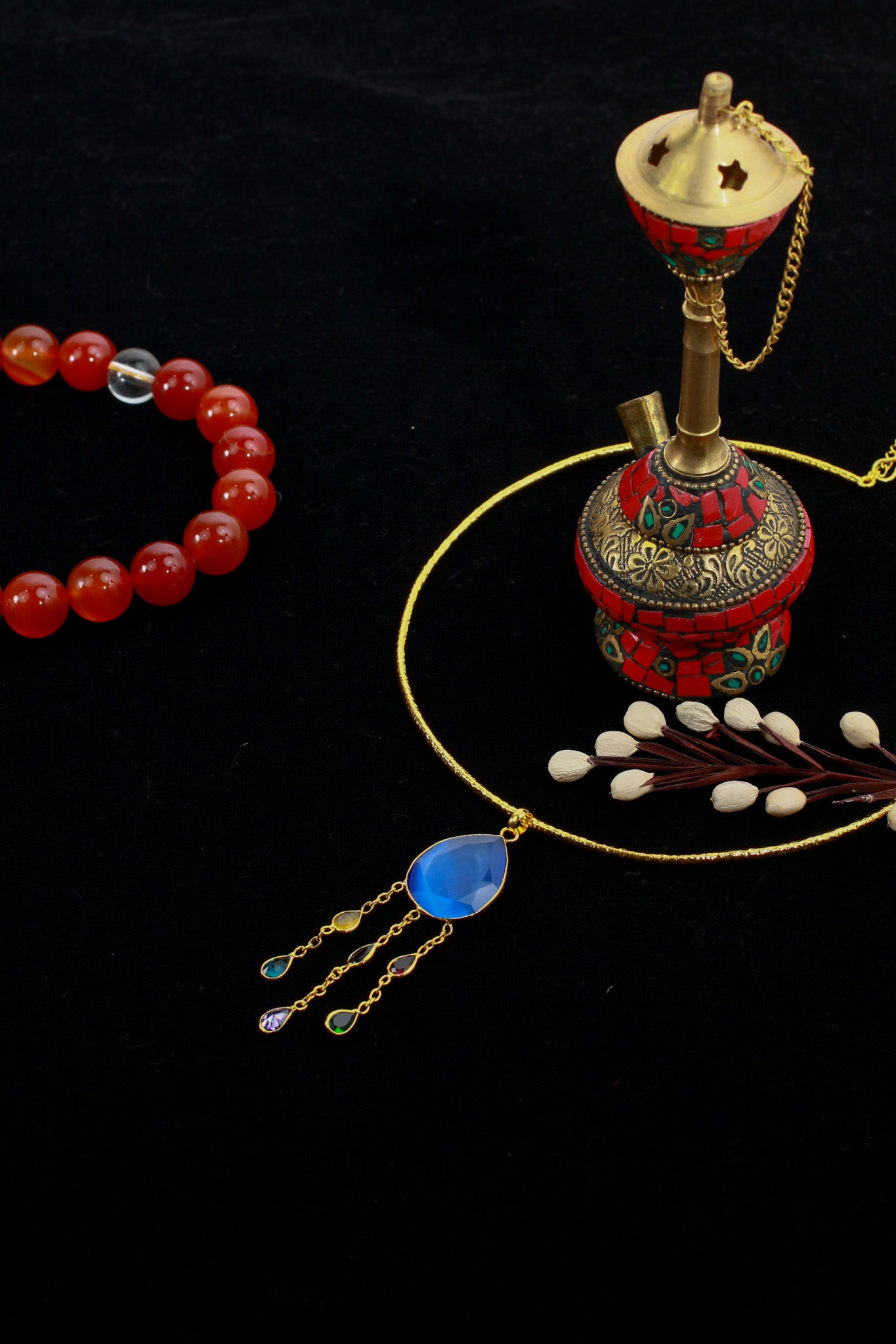 Hansuli Necklace with Blue Pendant & Raindrop Dangles | Brass Anti Tarnish | Lightweight