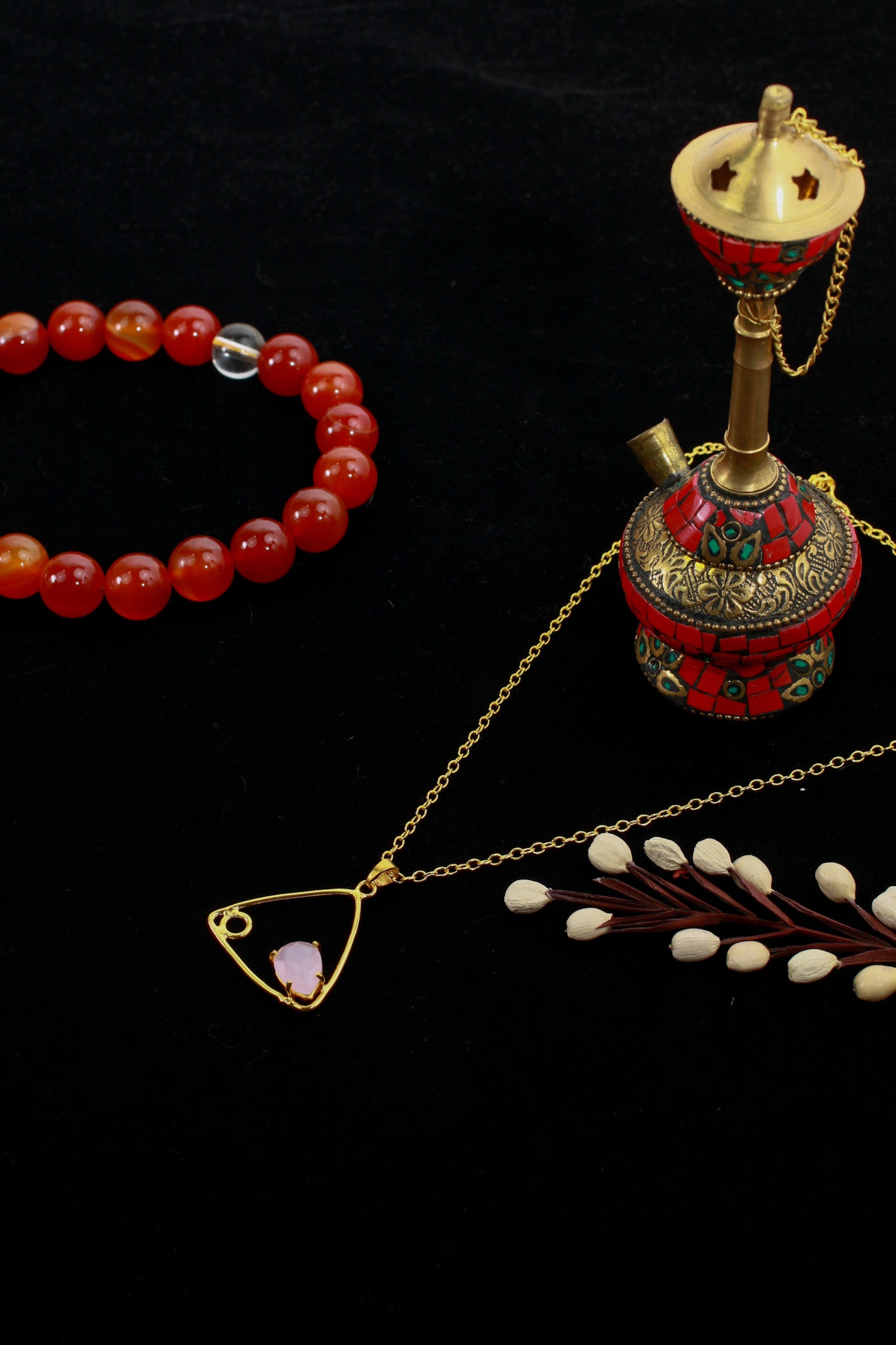 Geometric Triangle Pendant with Rose Quartz | Natural Stone Chain Pendant, Gold-Plated Brass