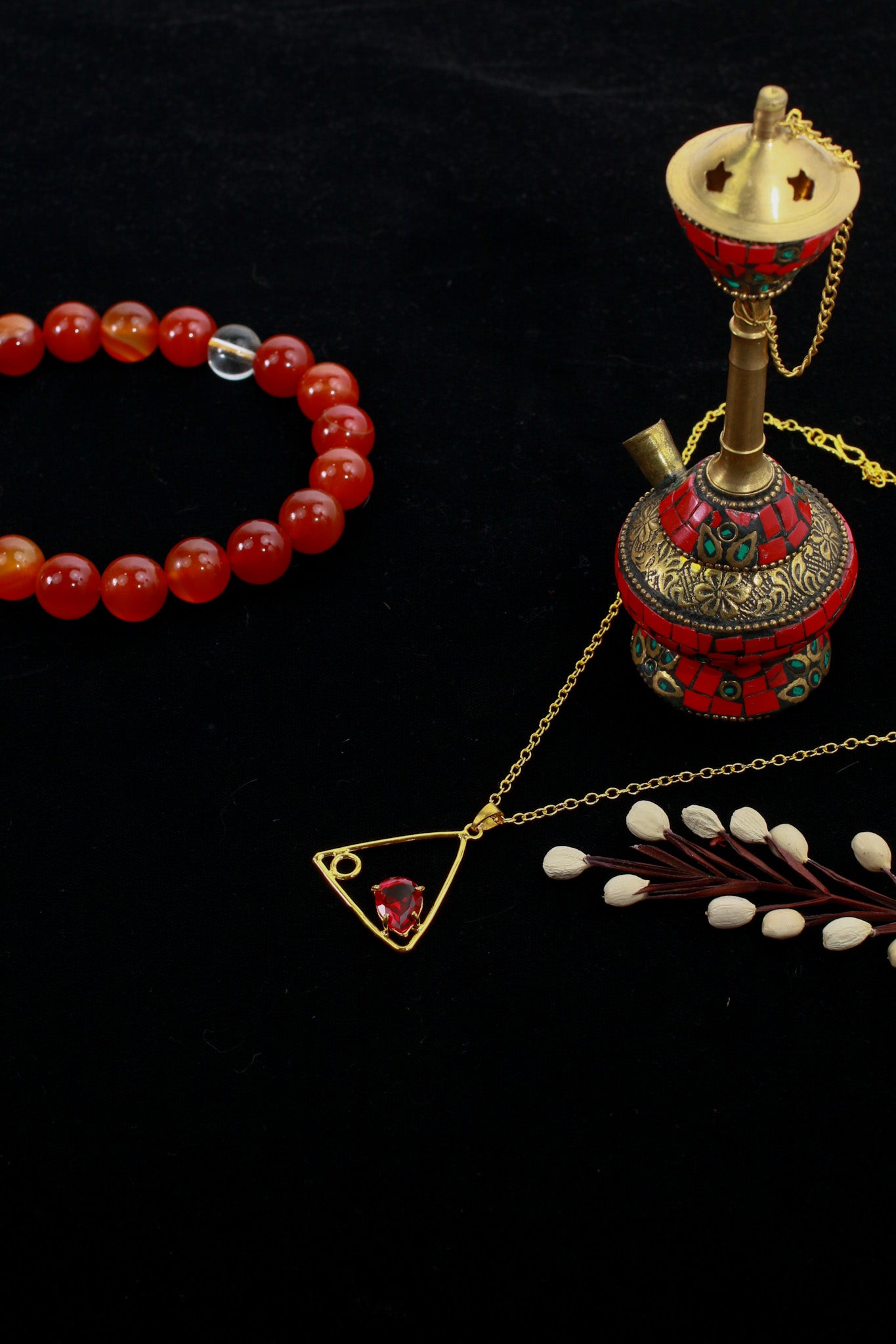 Geometric Triangle Pendant with Red Stone | Natural Stone Chain Pendant, Gold-Plated Brass