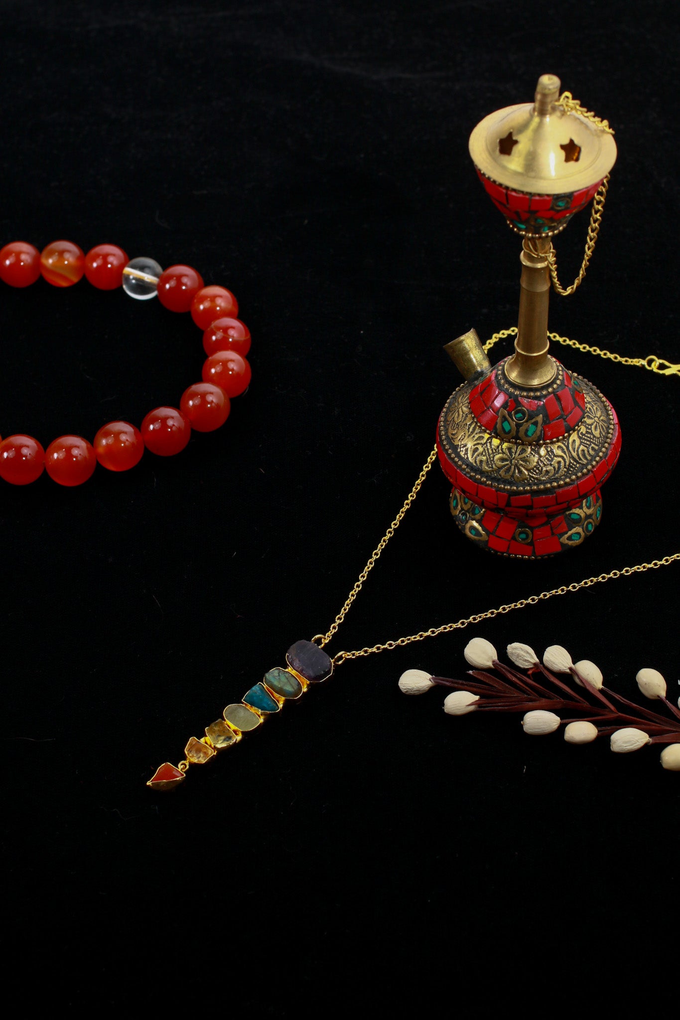 Multicolor Natural Stone Bar Pendant Necklace | Brass Anti Tarnish | Lightweight