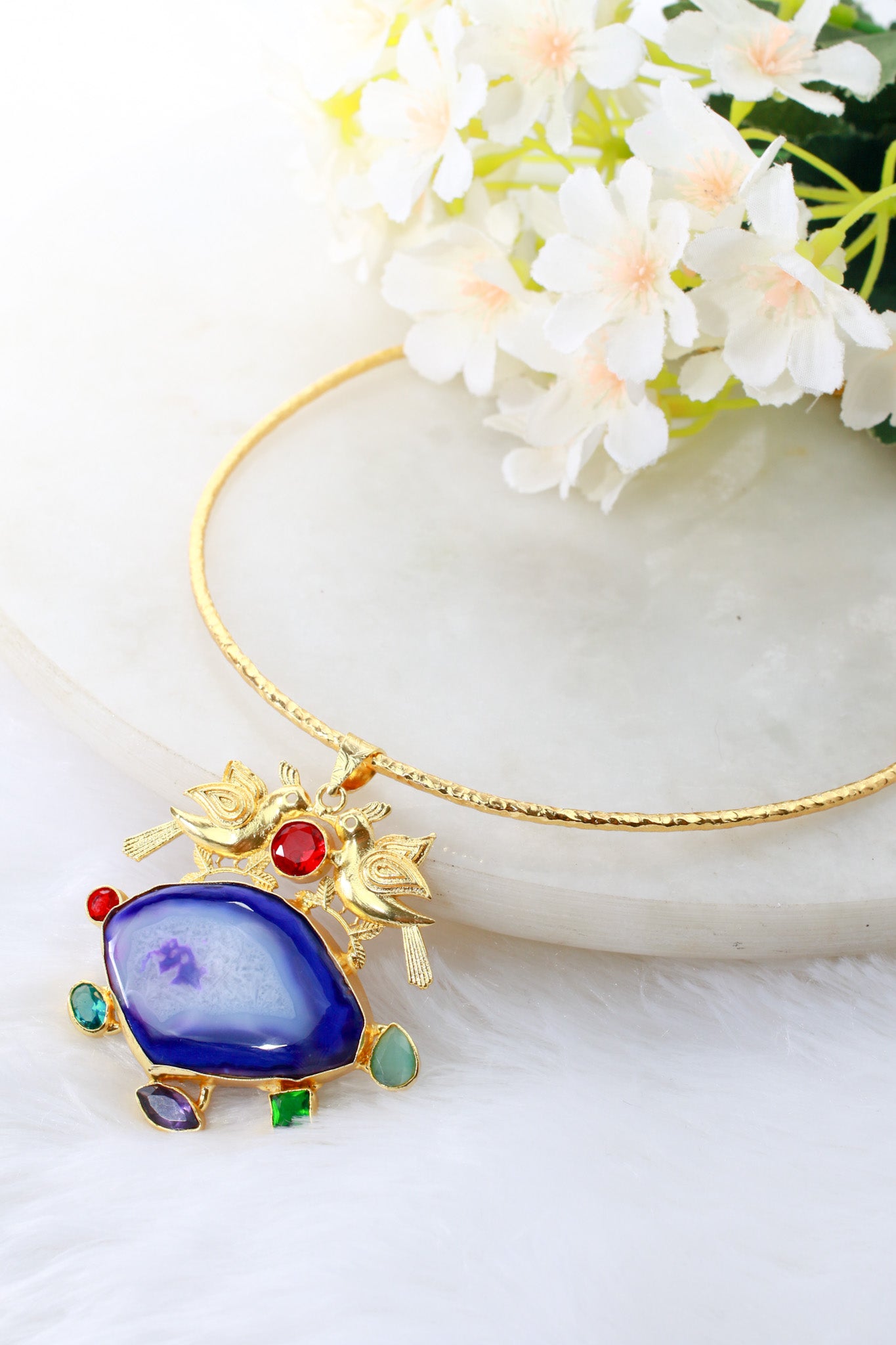 Hansuli Necklace with Bird Motif & Blue Geode Pendant | Brass Anti Tarnish | Lightweight