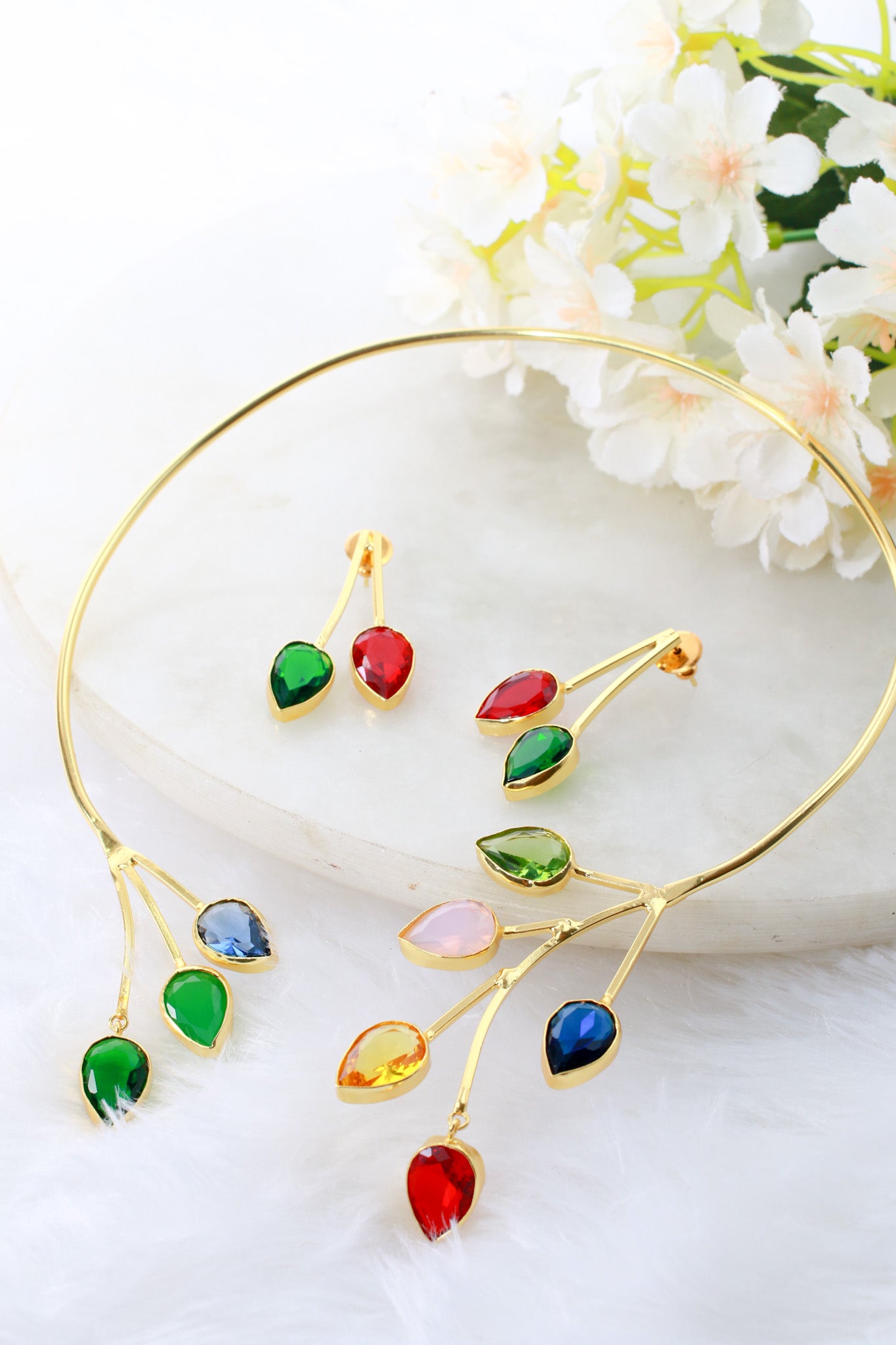 Branch Leaf Multistone Hansuli Necklace With Earrings | Brass Anti Tarnish | Lightweight