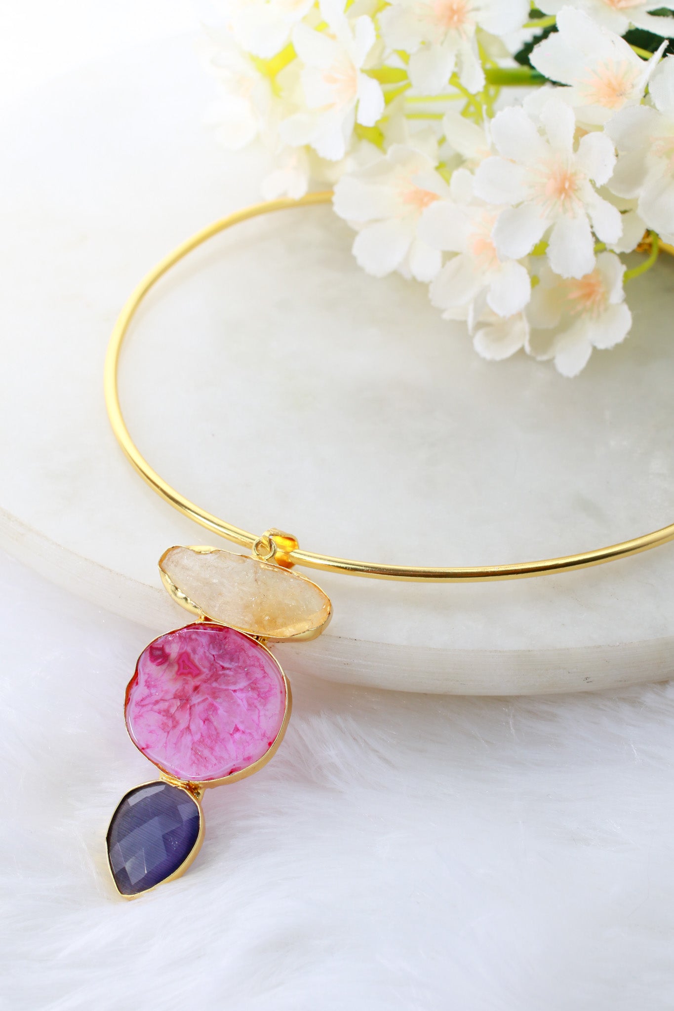 Hansuli Necklace with Triple Stone Pendant – Pink Yellow Navy | Brass Anti Tarnish | Lightweight
